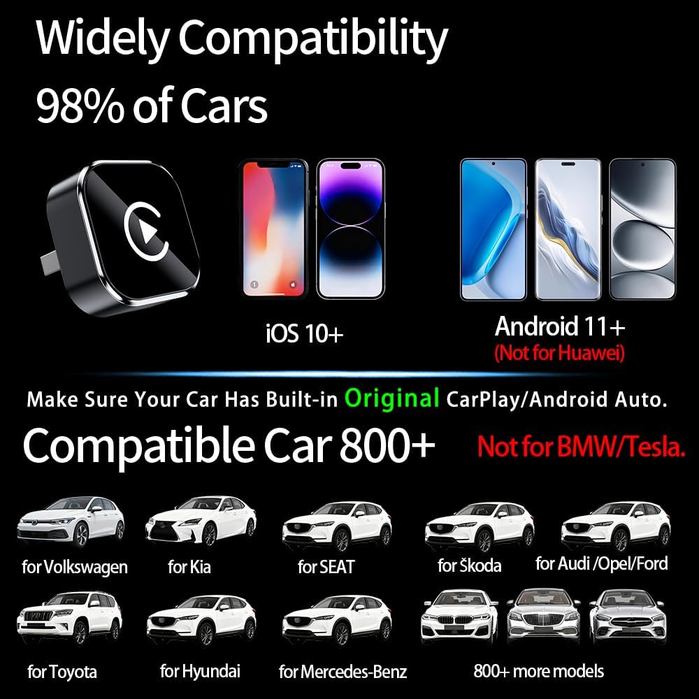 Imagen de 2 en 1 Adaptador CarPlay Inalámbrico, CarPlay Cableado a Inalámbrico, para Coches con CarPlay/Android Auto, para iPhone iOS 10+ & Android 11+, Compacto y Estable Bluetooth Car Play Wireless Adapter