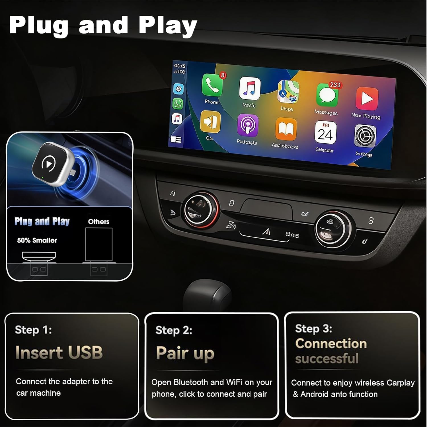Imagen de 2 en 1 Adaptador CarPlay Inalámbrico, CarPlay Cableado a Inalámbrico, para Coches con CarPlay/Android Auto, para iPhone iOS 10+ & Android 11+, Compacto y Estable Bluetooth Car Play Wireless Adapter