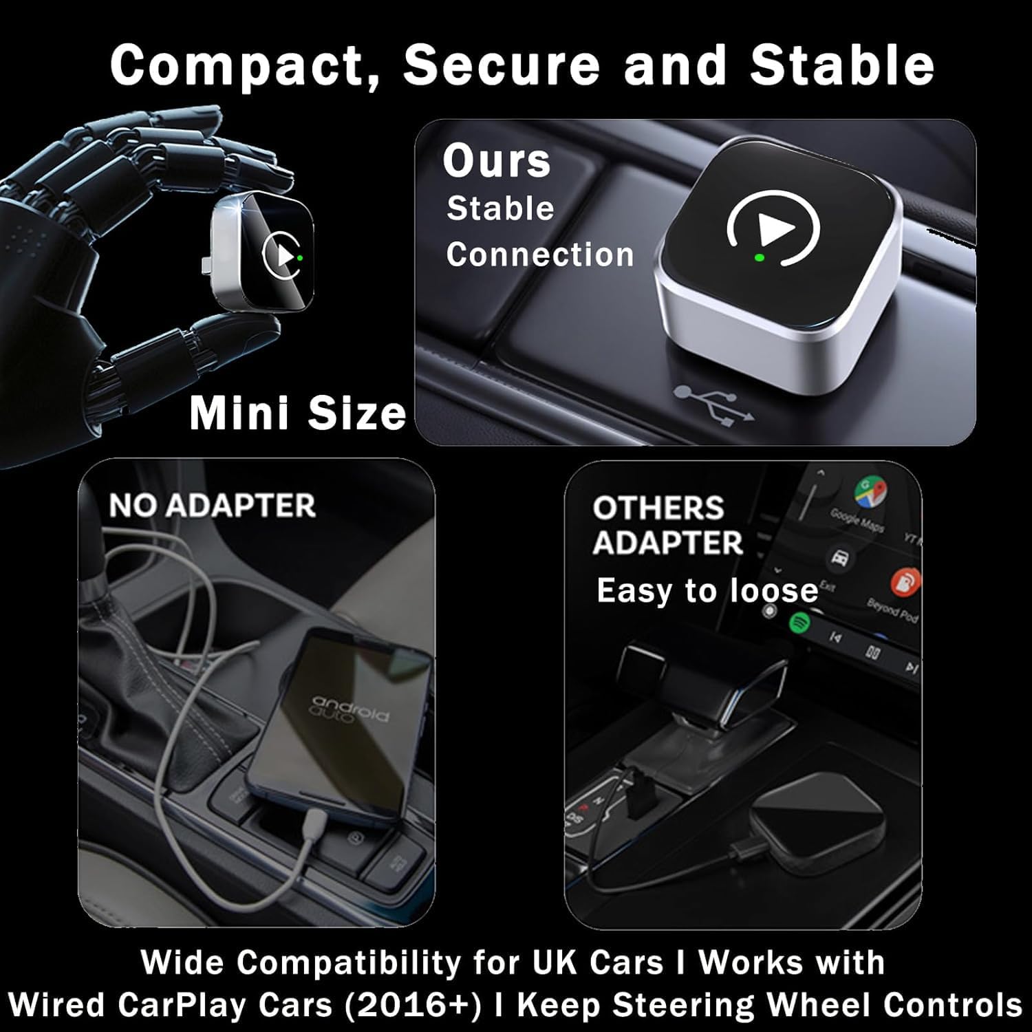 Imagen de 2 en 1 Adaptador CarPlay Inalámbrico, CarPlay Cableado a Inalámbrico, para Coches con CarPlay/Android Auto, para iPhone iOS 10+ & Android 11+, Compacto y Estable Bluetooth Car Play Wireless Adapter