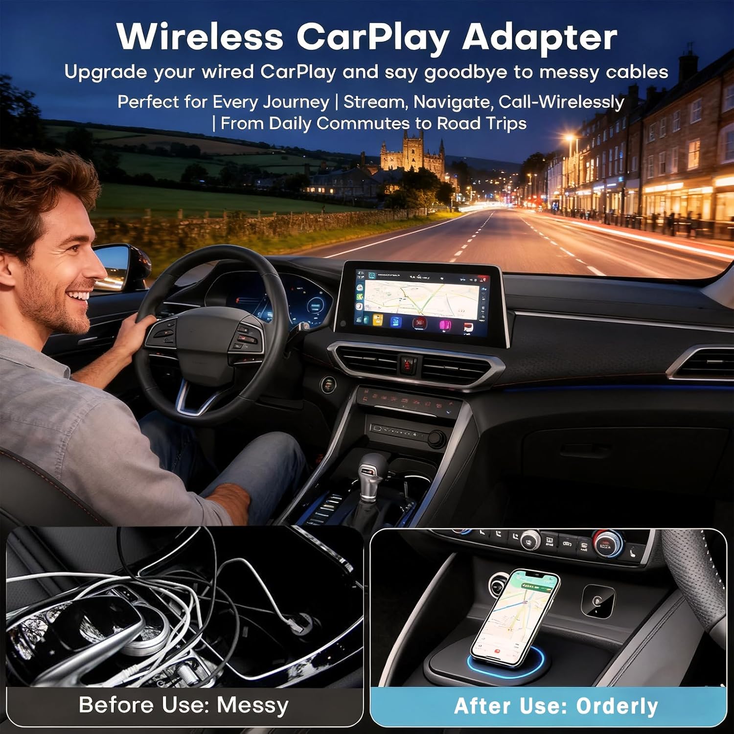 Imagen de 2 en 1 Adaptador CarPlay Inalámbrico, CarPlay Cableado a Inalámbrico, para Coches con CarPlay/Android Auto, para iPhone iOS 10+ & Android 11+, Compacto y Estable Bluetooth Car Play Wireless Adapter
