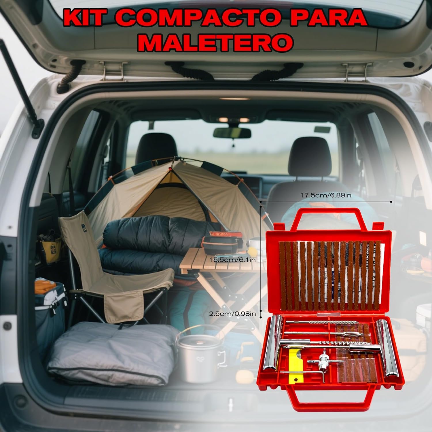 Imagen de 38PCS Kit Repara Pinchazos para Coche y Moto, kit antipinchazos neumático, Mechas y Clavos de gomas, Compacto para Maletero, Solución emergencia, Fácil Uso sin Experiencia