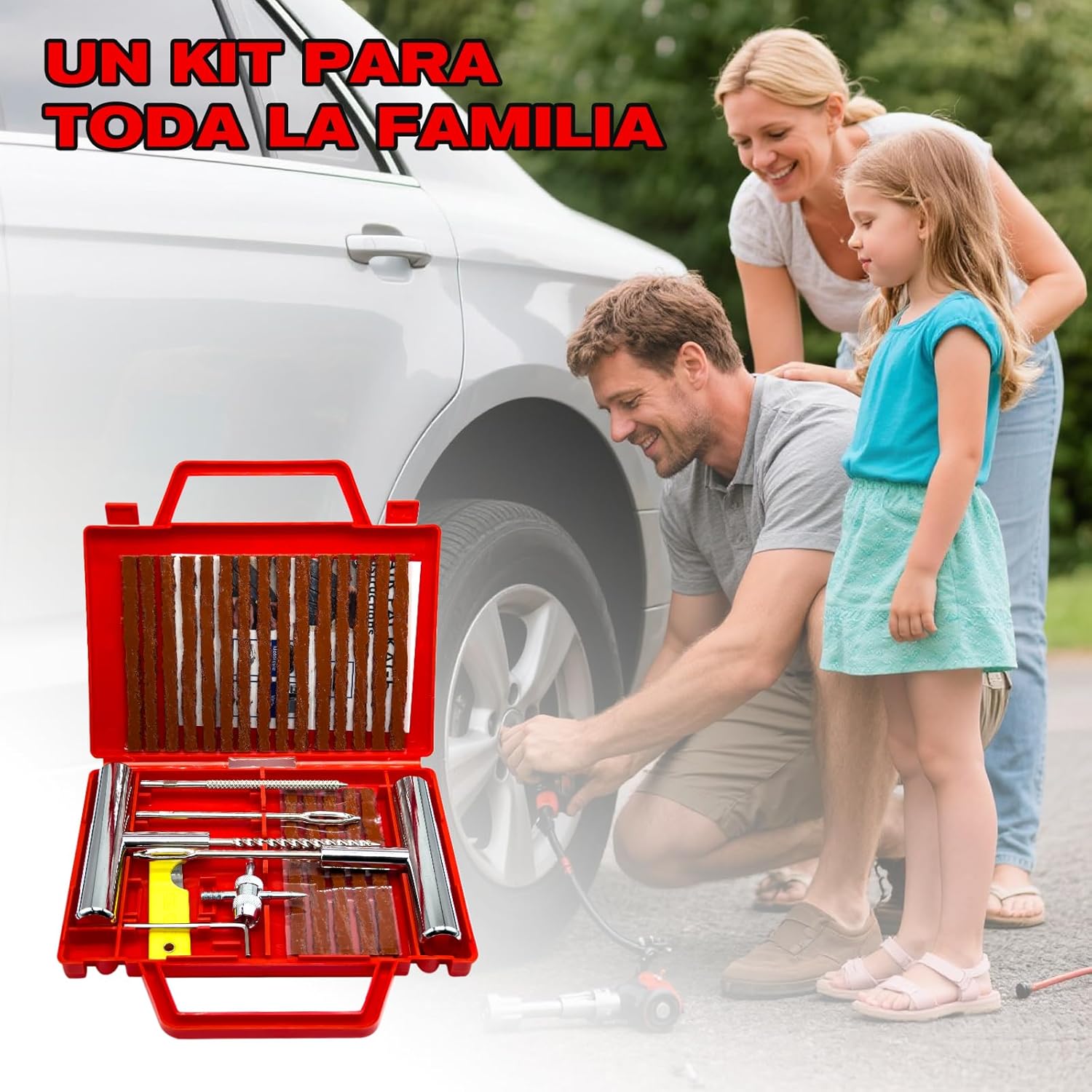 Imagen de 38PCS Kit Repara Pinchazos para Coche y Moto, kit antipinchazos neumático, Mechas y Clavos de gomas, Compacto para Maletero, Solución emergencia, Fácil Uso sin Experiencia