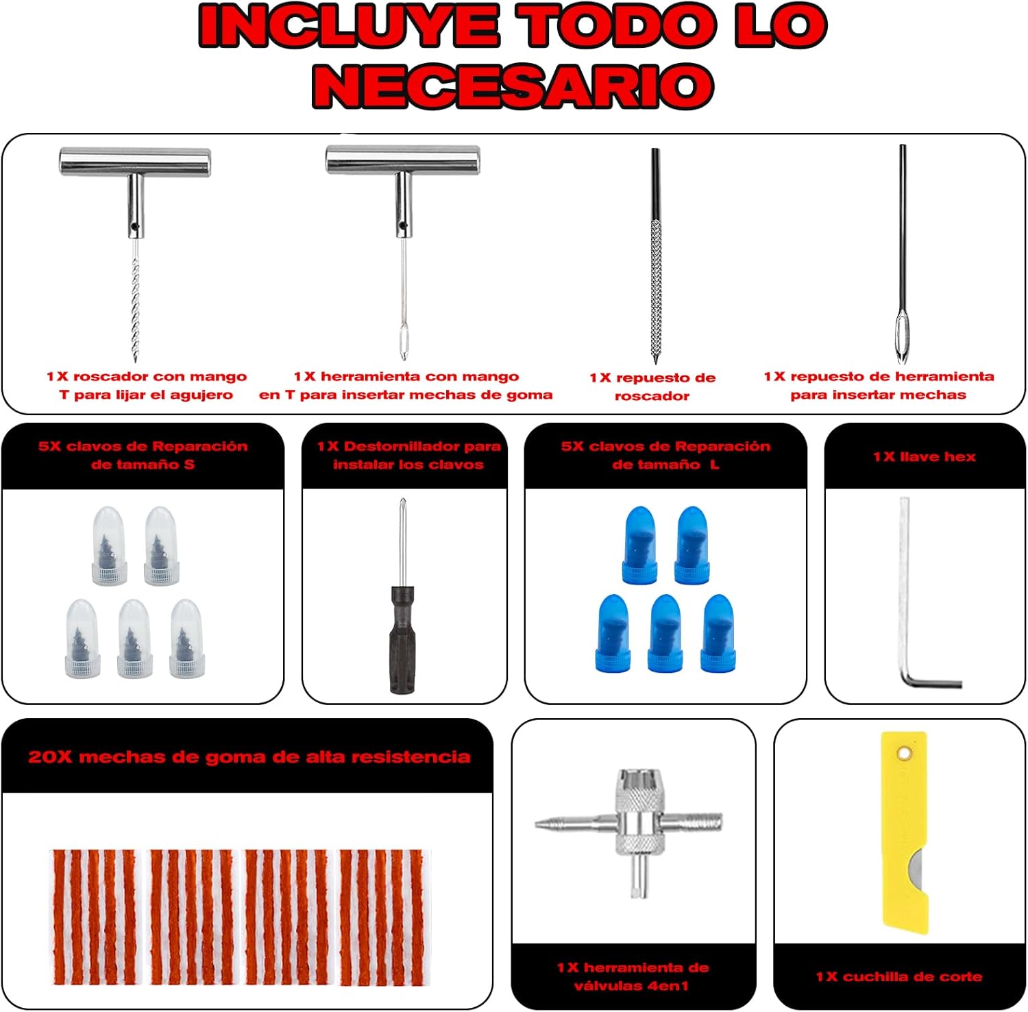 Imagen de 38PCS Kit Repara Pinchazos para Coche y Moto, kit antipinchazos neumático, Mechas y Clavos de gomas, Compacto para Maletero, Solución emergencia, Fácil Uso sin Experiencia