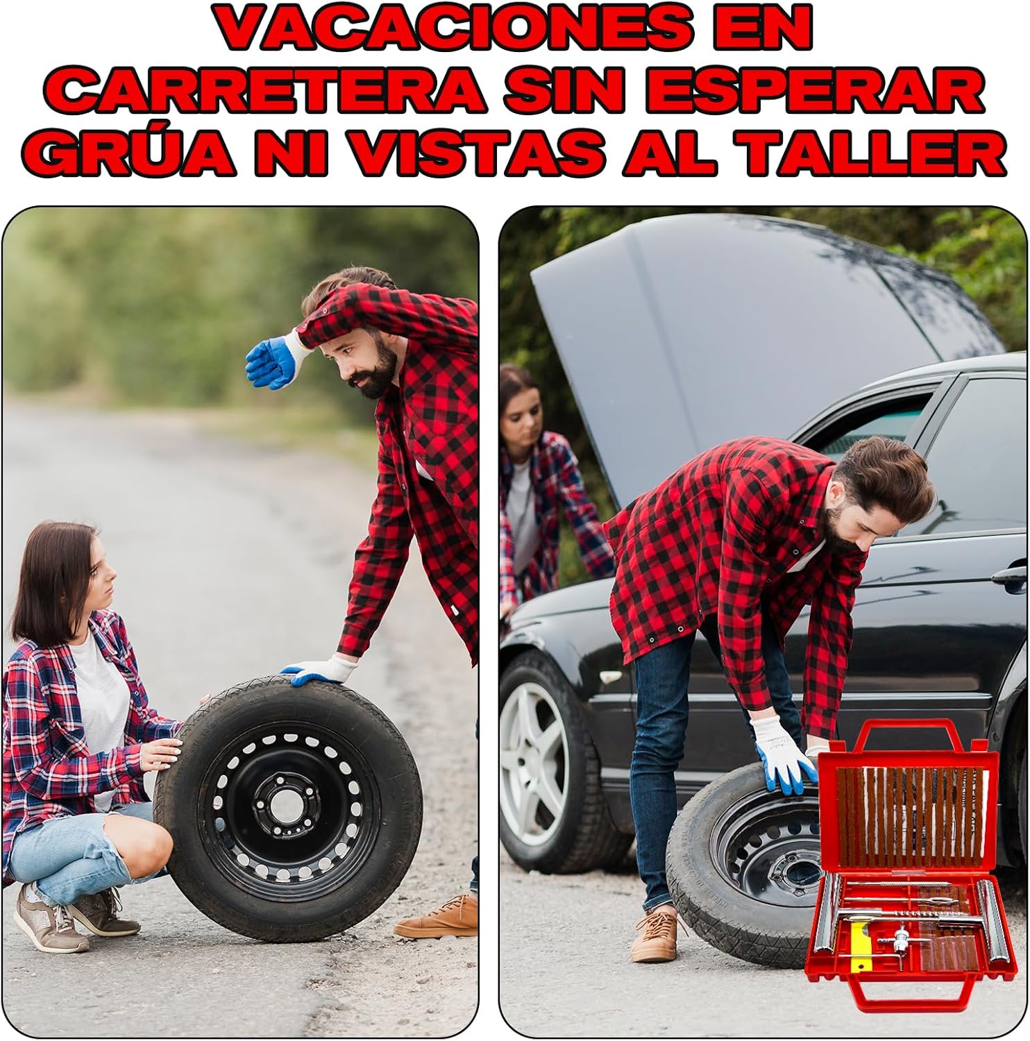 Imagen de 38PCS Kit Repara Pinchazos para Coche y Moto, kit antipinchazos neumático, Mechas y Clavos de gomas, Compacto para Maletero, Solución emergencia, Fácil Uso sin Experiencia