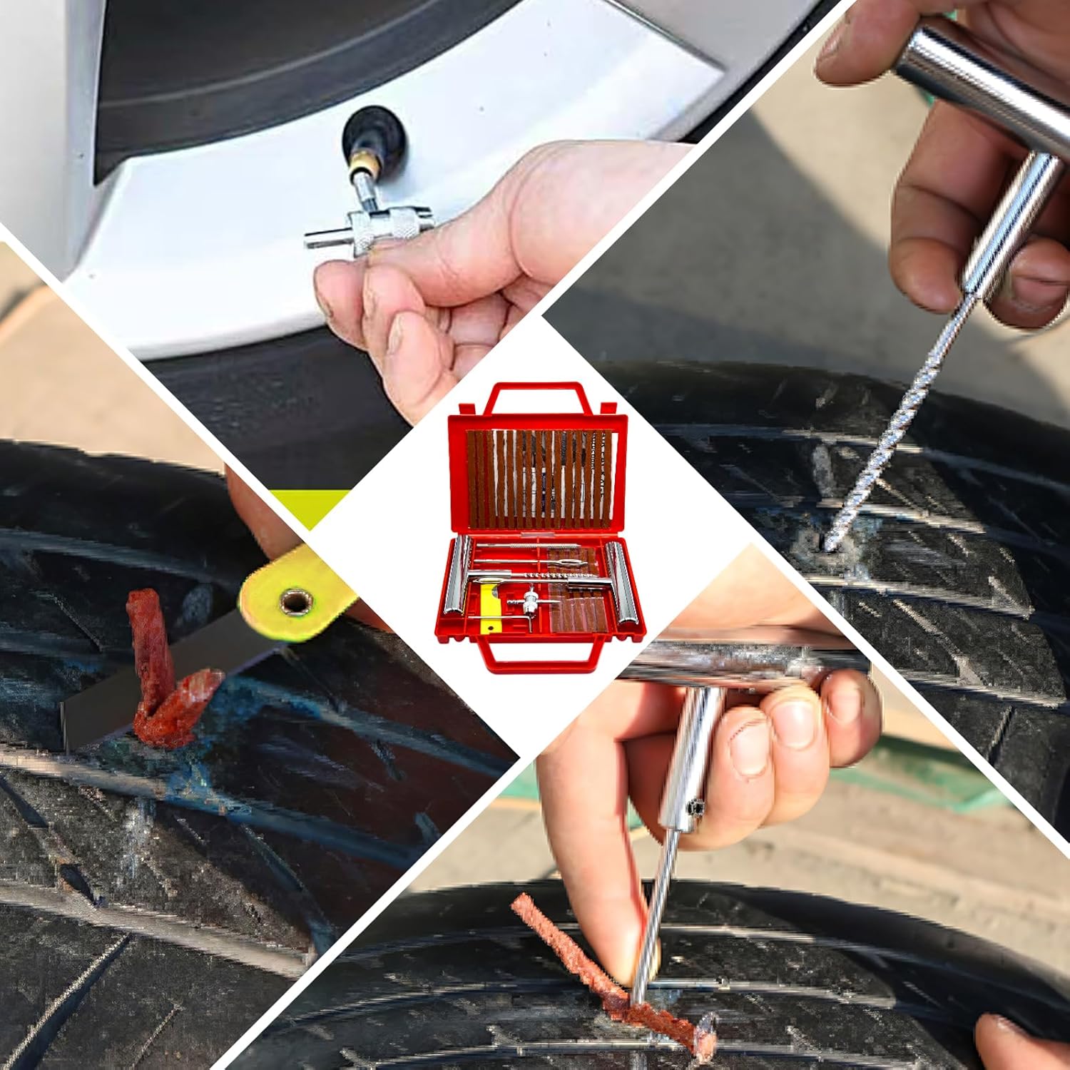 Imagen de 38PCS Kit Repara Pinchazos para Coche y Moto, kit antipinchazos neumático, Mechas y Clavos de gomas, Compacto para Maletero, Solución emergencia, Fácil Uso sin Experiencia