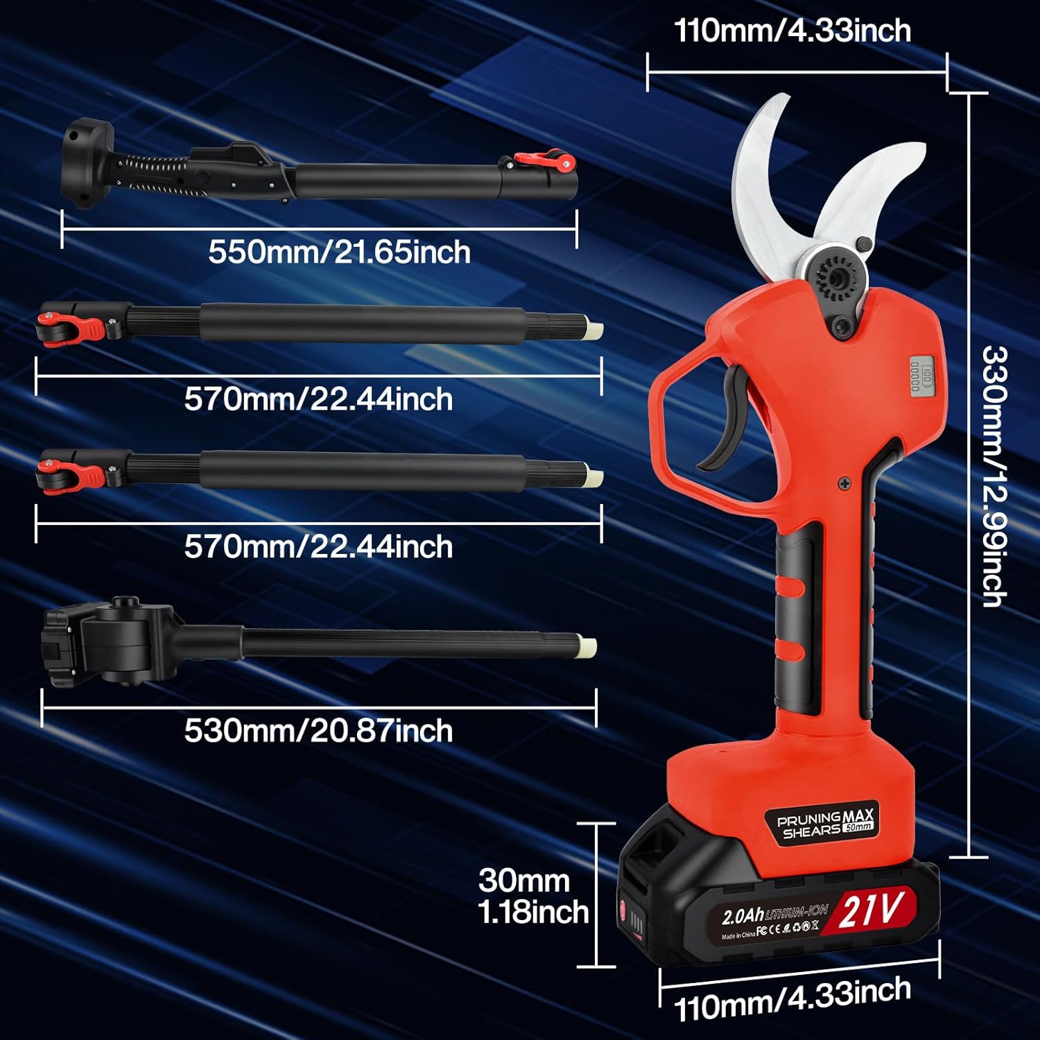 Imagen de 50mm Tijeras De Podar Electricas con 2 metros perca telescópica: Tijera podar telescopica 50-25mm Ajustables Hoja SK7 con 2 baterías de 21 V/2000 mAh - Tijeras de Podar Bateria Jardinería Olivos