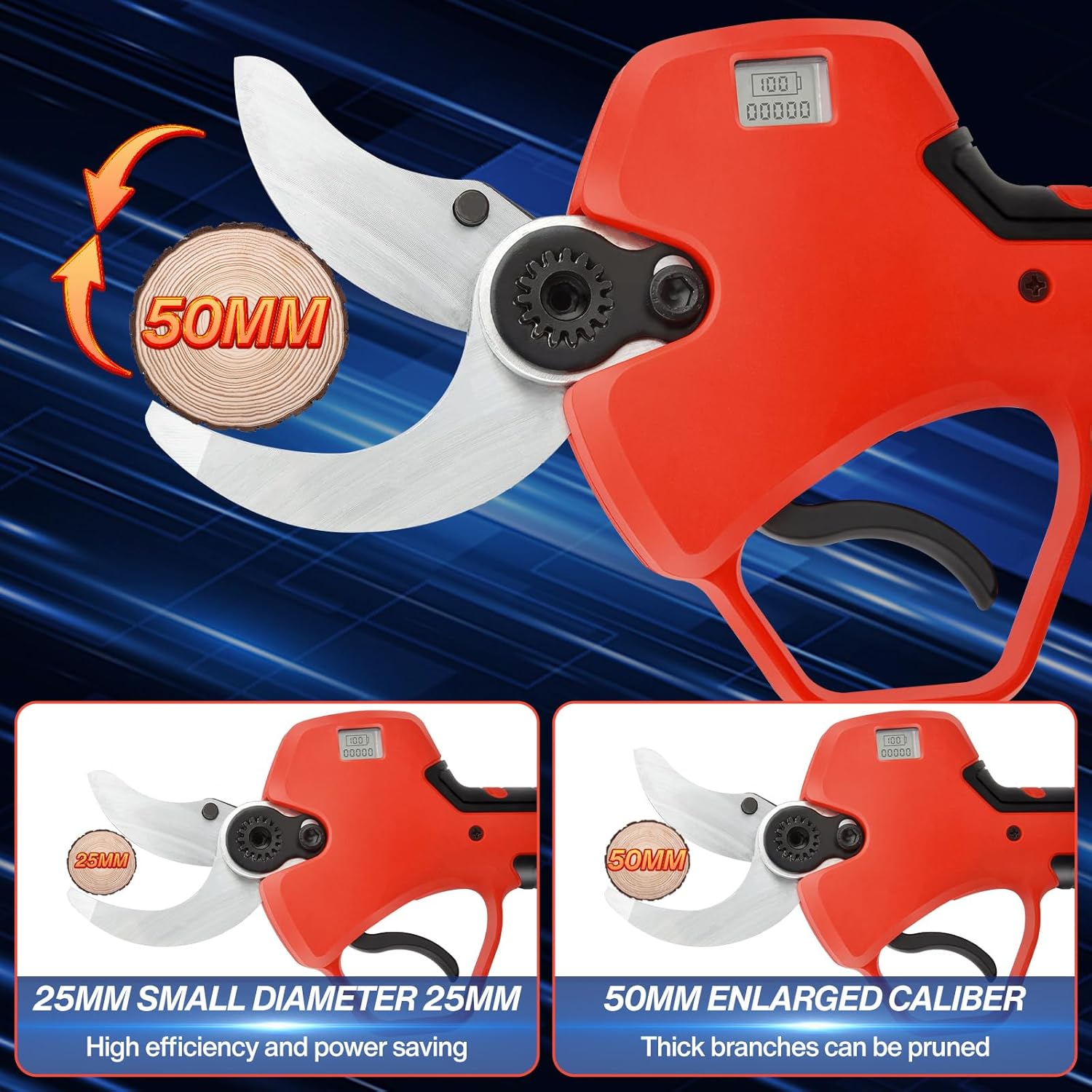 Imagen de 50mm Tijeras De Podar Electricas con 2 metros perca telescópica: Tijera podar telescopica 50-25mm Ajustables Hoja SK7 con 2 baterías de 21 V/2000 mAh - Tijeras de Podar Bateria Jardinería Olivos