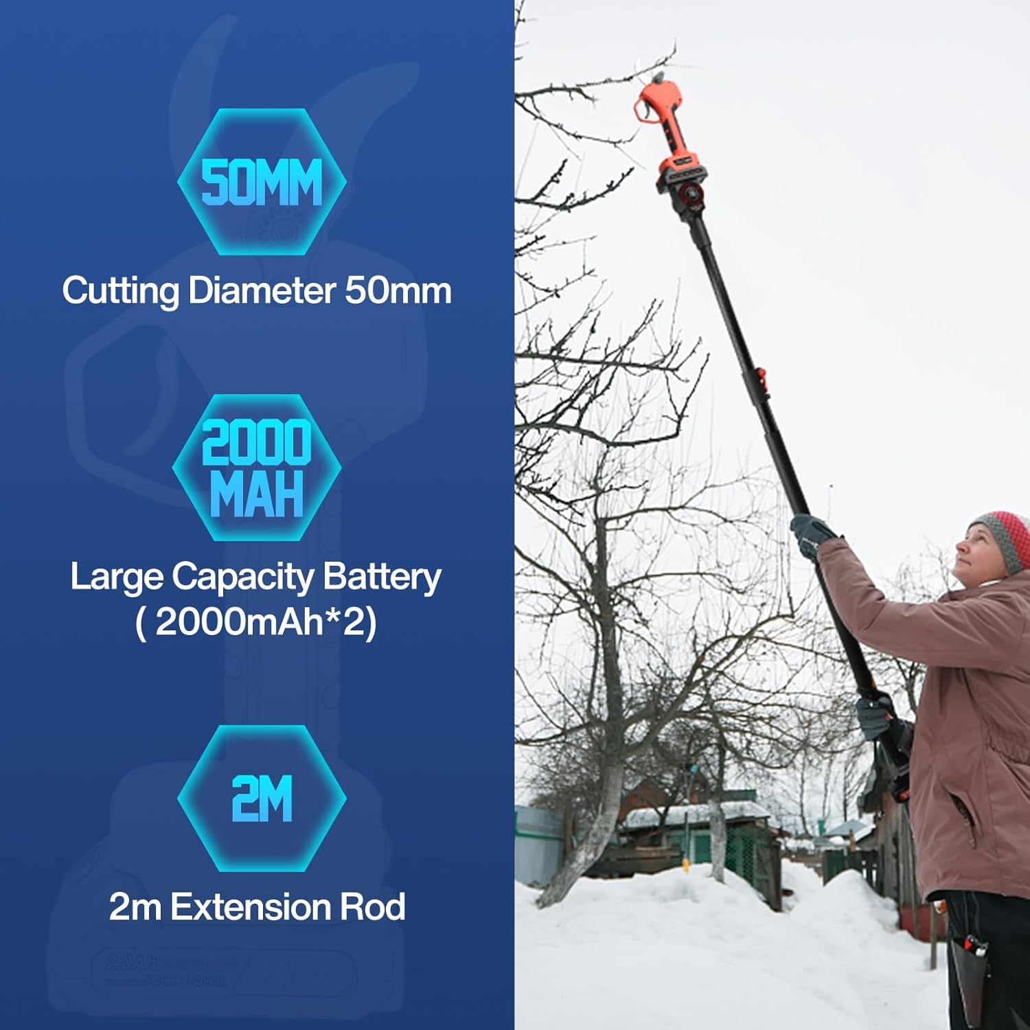 Imagen de 50mm Tijeras De Podar Electricas con 2 metros perca telescópica: Tijera podar telescopica 50-25mm Ajustables Hoja SK7 con 2 baterías de 21 V/2000 mAh - Tijeras de Podar Bateria Jardinería Olivos