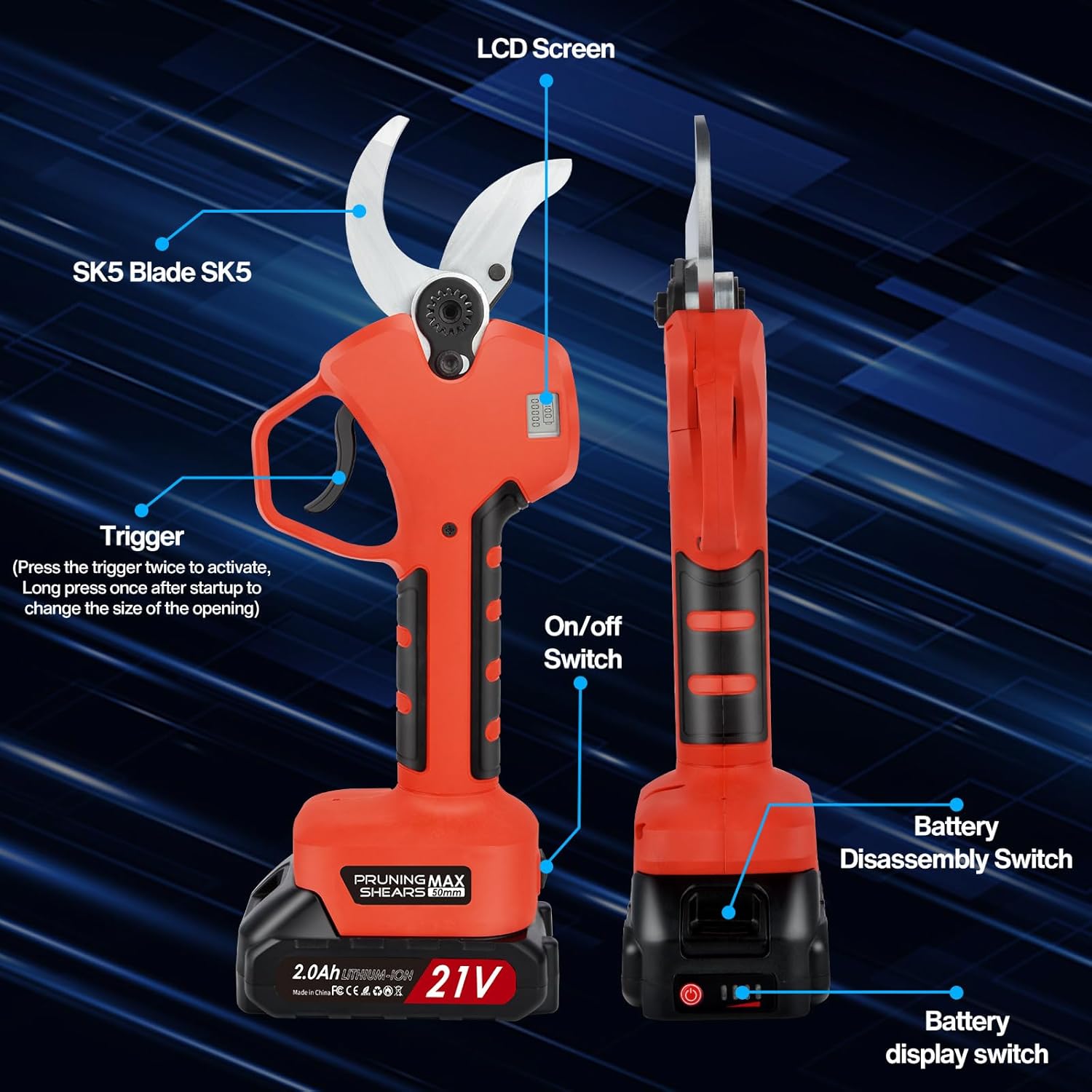 Imagen de 50mm Tijeras De Podar Electricas con 2 metros perca telescópica: Tijera podar telescopica 50-25mm Ajustables Hoja SK7 con 2 baterías de 21 V/2000 mAh - Tijeras de Podar Bateria Jardinería Olivos