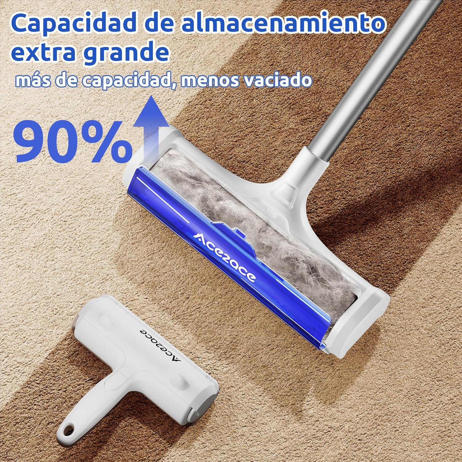 Imagen de ACE2ACE Rodillo Alfombras Quitapelos Mascotas, Rastrillo para Alfombras Reutilizable, Quitar Pelos de Mascotas con Mango de 1,5m, Ideal para Alfombras, Tapetes y Tapetes