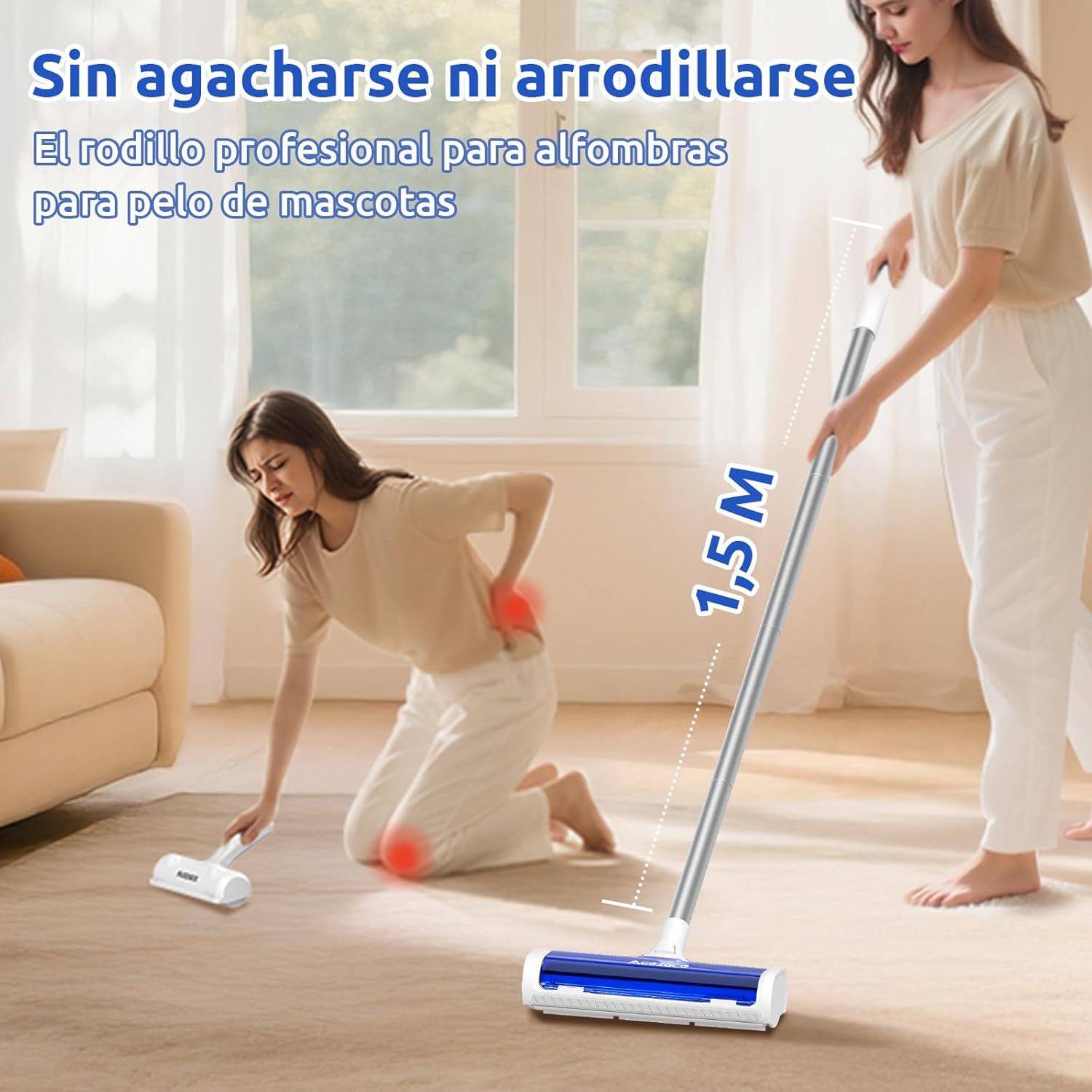 Imagen de ACE2ACE Rodillo Alfombras Quitapelos Mascotas, Rastrillo para Alfombras Reutilizable, Quitar Pelos de Mascotas con Mango de 1,5m, Ideal para Alfombras, Tapetes y Tapetes