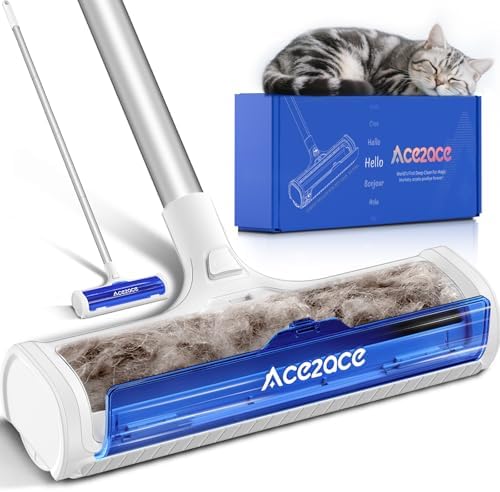 Imagen de ACE2ACE Rodillo Alfombras Quitapelos Mascotas, Rastrillo para Alfombras Reutilizable, Quitar Pelos de Mascotas con Mango de 1,5m, Ideal para Alfombras, Tapetes y Tapetes