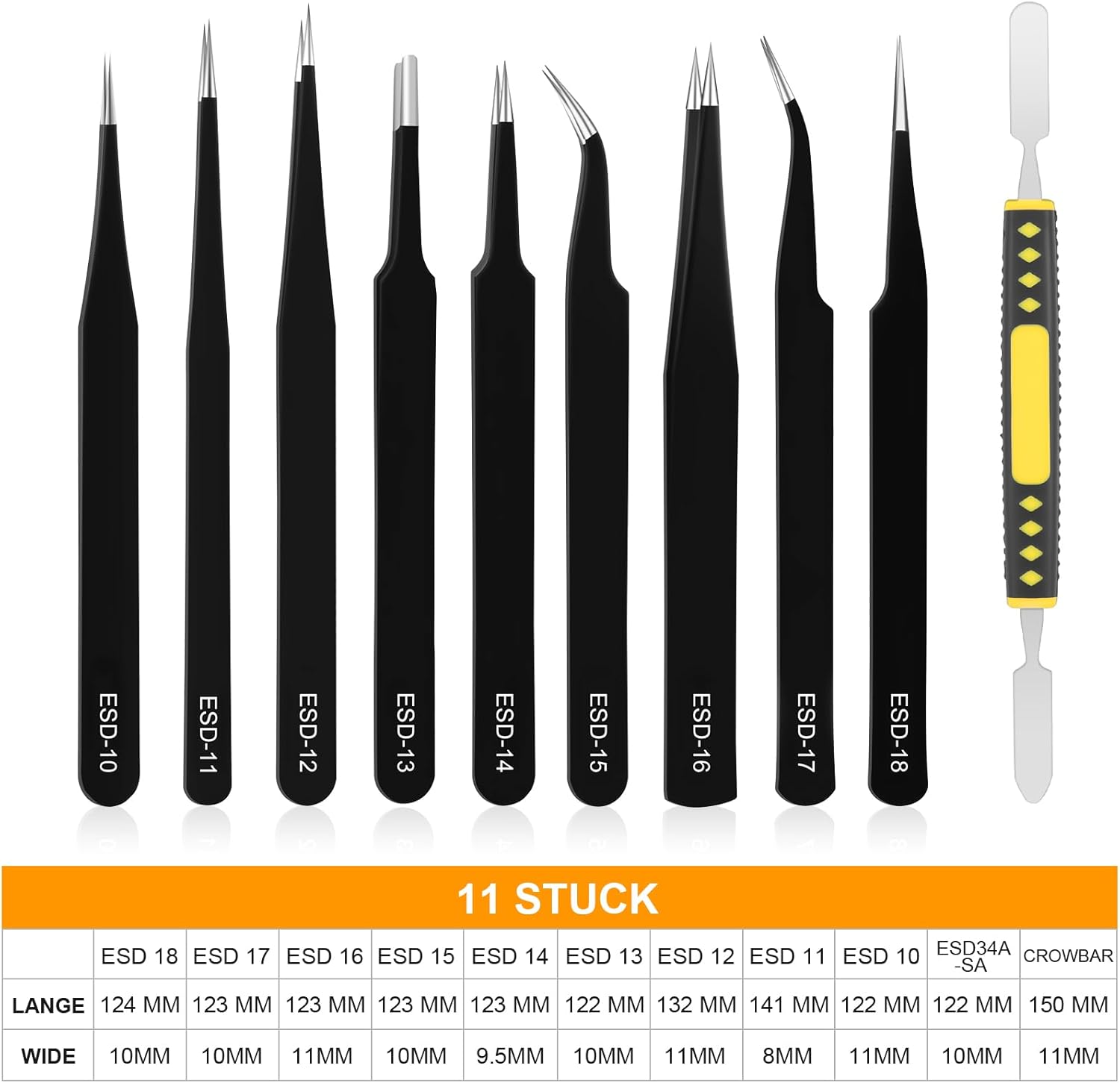 Imagen de Ainiv Kit 12 Pcs Pinzas de Precisión, Tweezers ESD Anti-Estáticas de Acero Inoxidable Electrónicas, Trabajo de Laboratorio, Joyería, Maintenance Tools, Negro