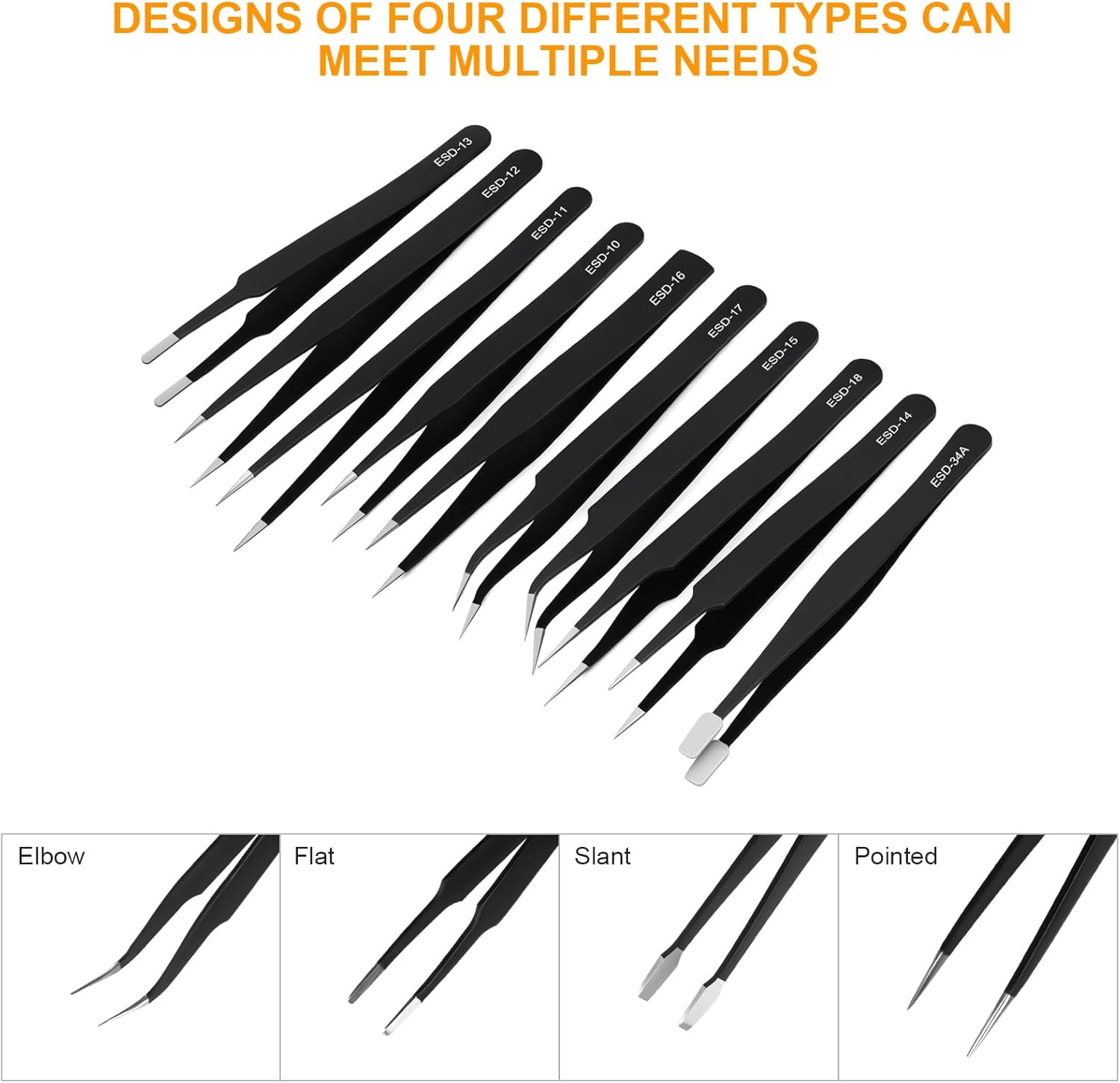 Imagen de Ainiv Kit 12 Pcs Pinzas de Precisión, Tweezers ESD Anti-Estáticas de Acero Inoxidable Electrónicas, Trabajo de Laboratorio, Joyería, Maintenance Tools, Negro