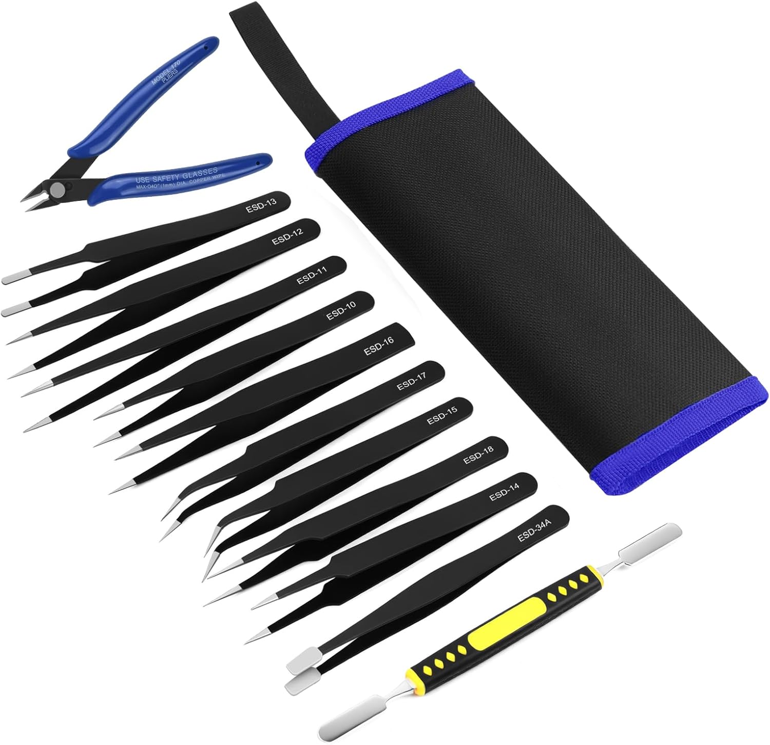 Imagen de Ainiv Kit 12 Pcs Pinzas de Precisión, Tweezers ESD Anti-Estáticas de Acero Inoxidable Electrónicas, Trabajo de Laboratorio, Joyería, Maintenance Tools, Negro