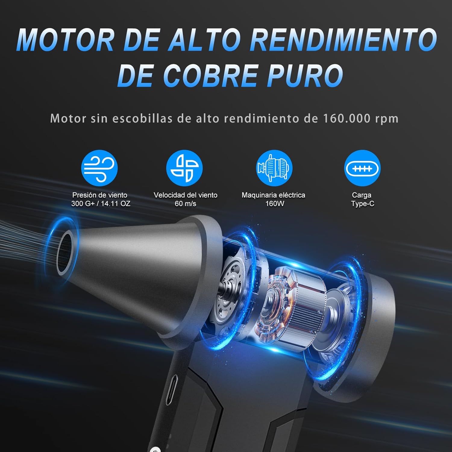 Imagen de Aire Comprimido Limpieza PC, 160000 RPM Aire Comprimido Eléctrico, Batería de 10000 mAh, 4 Velocidades Ajustables para Limpiar PC, Sofá, Teclado, Coche, el hogar