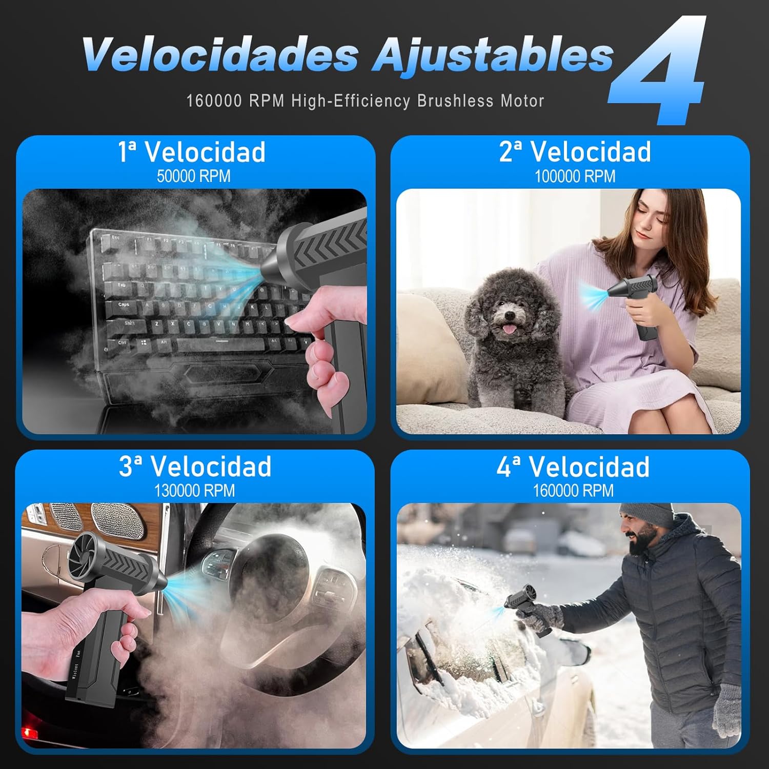 Imagen de Aire Comprimido Limpieza PC, 160000 RPM Aire Comprimido Eléctrico, Batería de 10000 mAh, 4 Velocidades Ajustables para Limpiar PC, Sofá, Teclado, Coche, el hogar