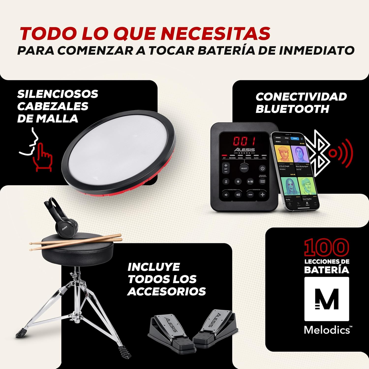 Imagen de Alesis Turbo Max Set de Batería Eléctronica con Parches de Malla Silenciosos de 8 Pulgadas, Lecciones de Percusión, Bluetooth y Accesorios