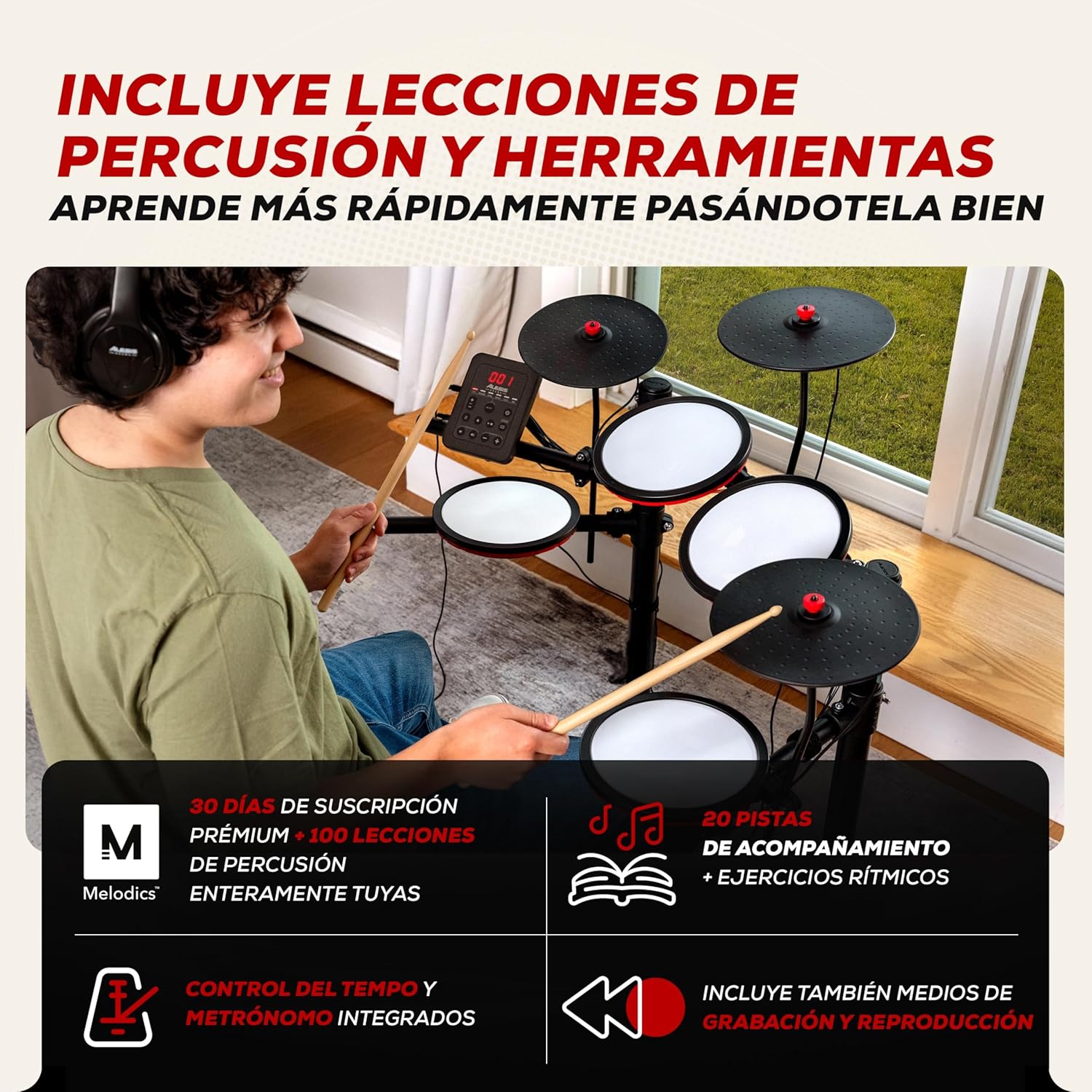 Imagen de Alesis Turbo Max Set de Batería Eléctronica con Parches de Malla Silenciosos de 8 Pulgadas, Lecciones de Percusión, Bluetooth y Accesorios