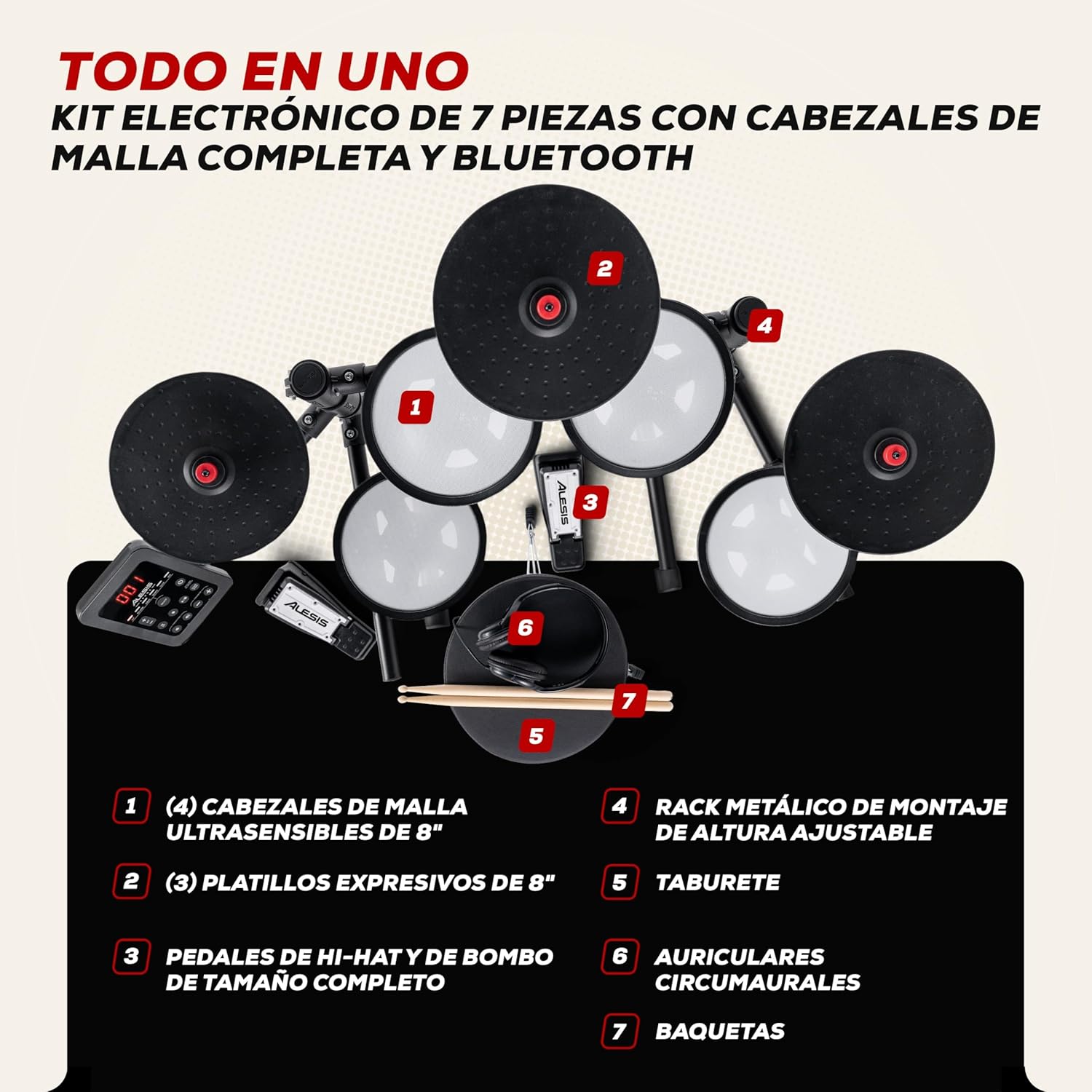 Imagen de Alesis Turbo Max Set de Batería Eléctronica con Parches de Malla Silenciosos de 8 Pulgadas, Lecciones de Percusión, Bluetooth y Accesorios