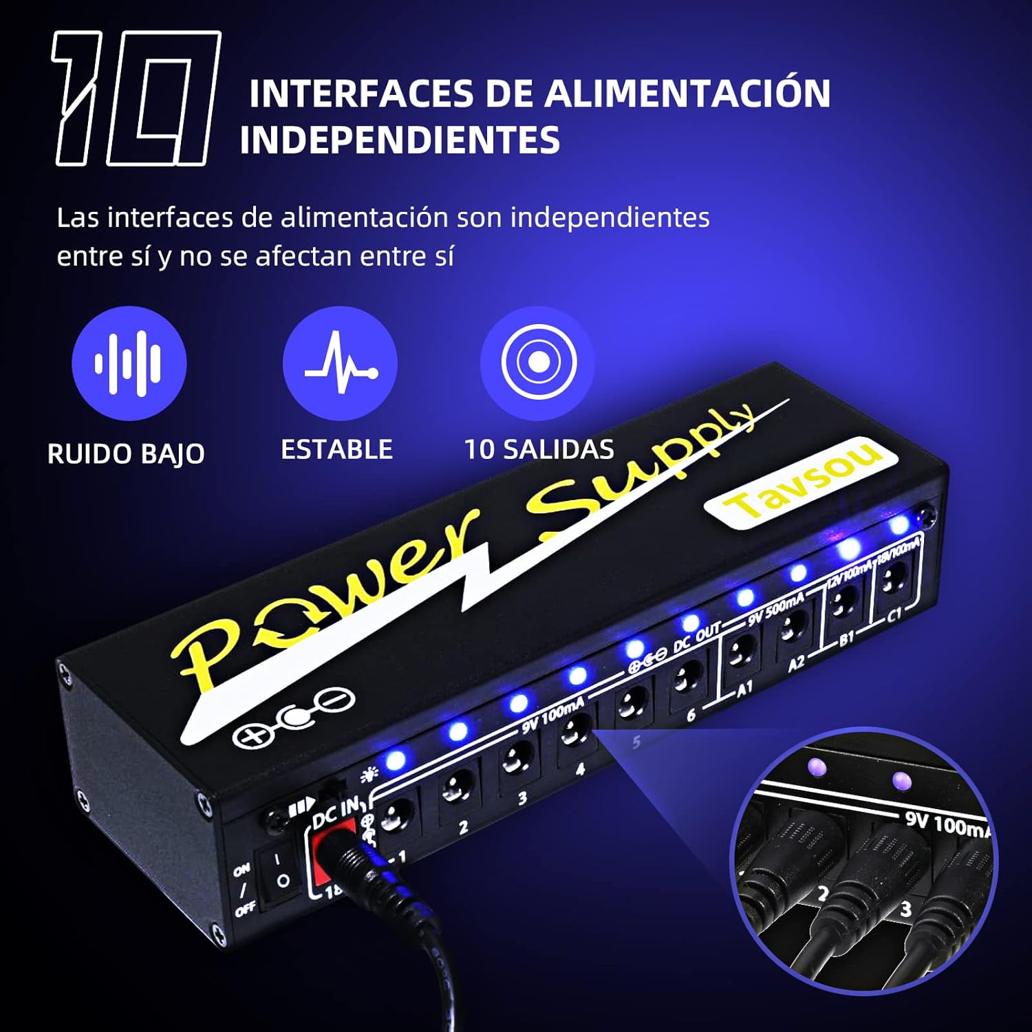 Imagen de Alimentación del Pedal de efecto de Guitarra con 10 Salidas de Corriente Continua Aisladas 9V / 12V / 18V EU Enchufe