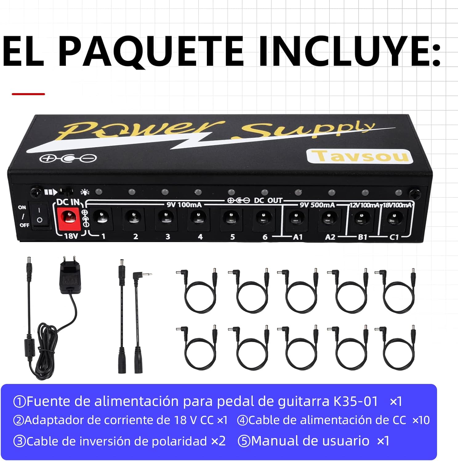 Imagen de Alimentación del Pedal de efecto de Guitarra con 10 Salidas de Corriente Continua Aisladas 9V / 12V / 18V EU Enchufe