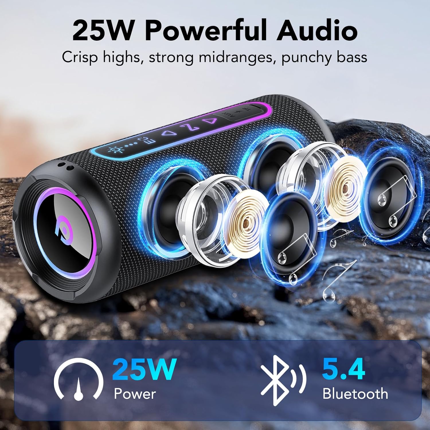 Imagen de Altavoz Bluetooth Potente 25W, Altavoz Bluetooth con Graves Duales, 24H Reproducción, 5 Modos RGB, Emparejamiento TWS, Impermeable IPX7, Soporte AUX/TF, Altavoz Portátil para Fiestas y Viajes