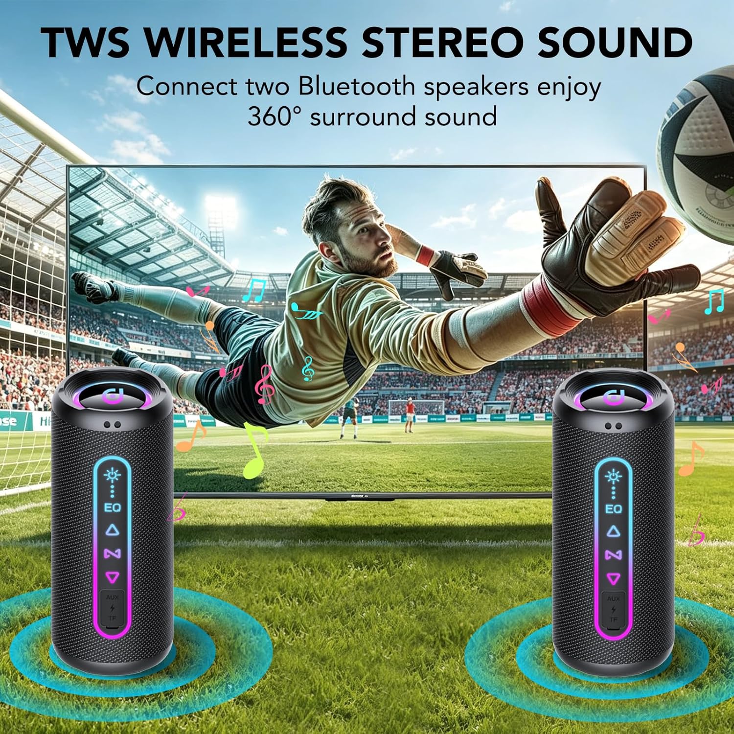 Imagen de Altavoz Bluetooth Potente 25W, Altavoz Bluetooth con Graves Duales, 24H Reproducción, 5 Modos RGB, Emparejamiento TWS, Impermeable IPX7, Soporte AUX/TF, Altavoz Portátil para Fiestas y Viajes