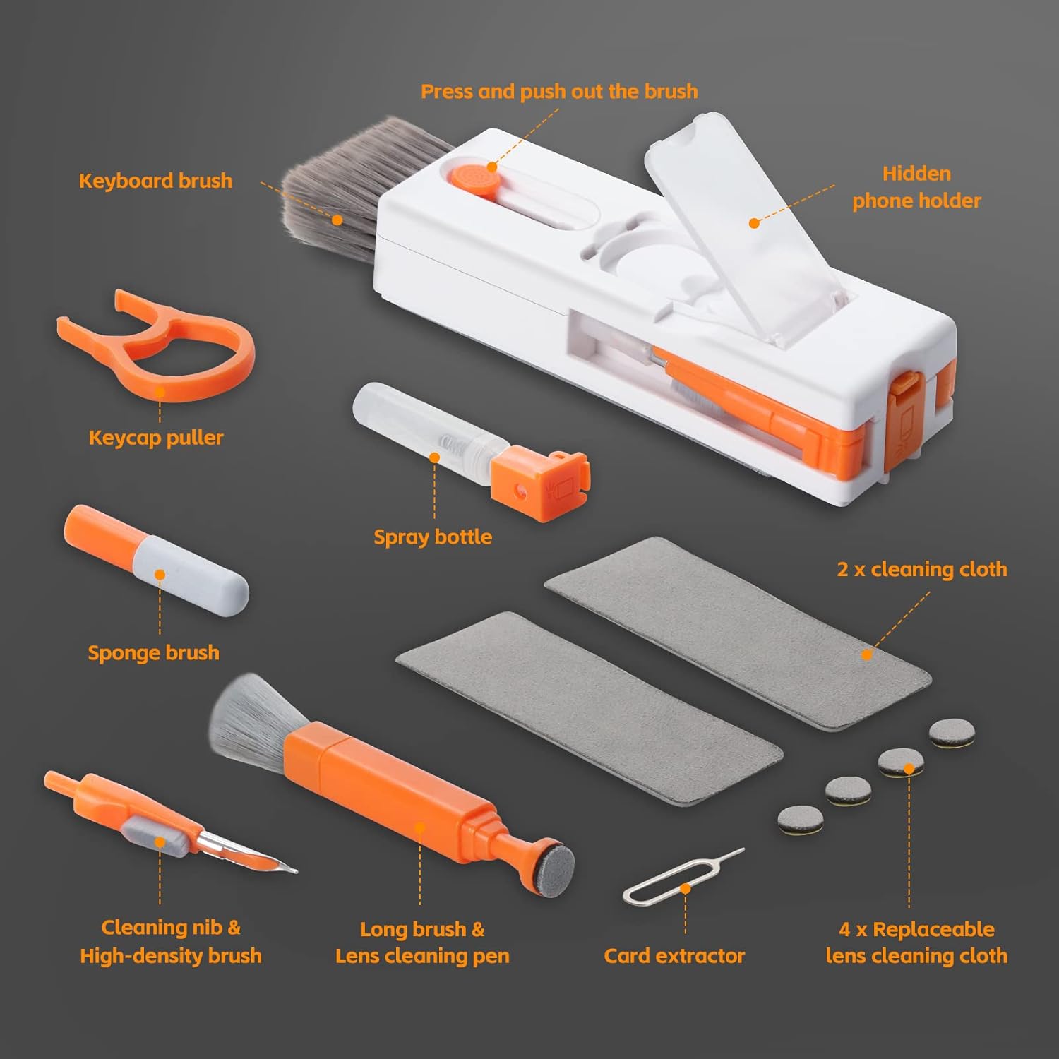 Imagen de Alyvisun Kit Limpieza Teclado, 11 en 1 Kit Limpieza PC Multifuncional, Cepillo de Limpiador Teclado con Extractor de Teclas, para Laptop, Teléfonos, Auriculares