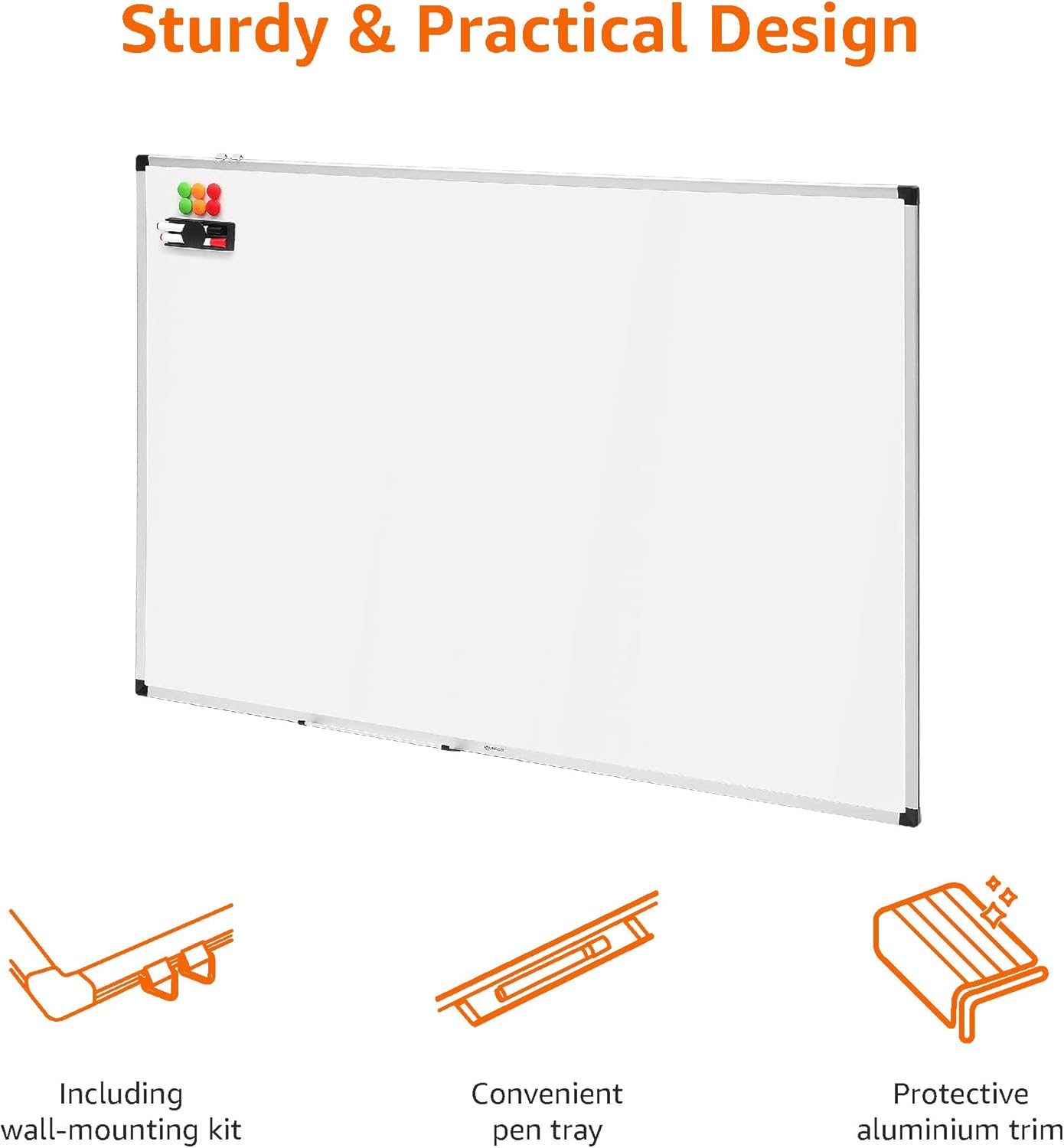 Imagen de Amazon Basics pizarra magnética blanca con bandeja para rotuladores, borrado en seco, marco de aluminio, tablón de anuncios magnético, montaje en pared; para hogar, oficina y escuela, 150 x 100cm