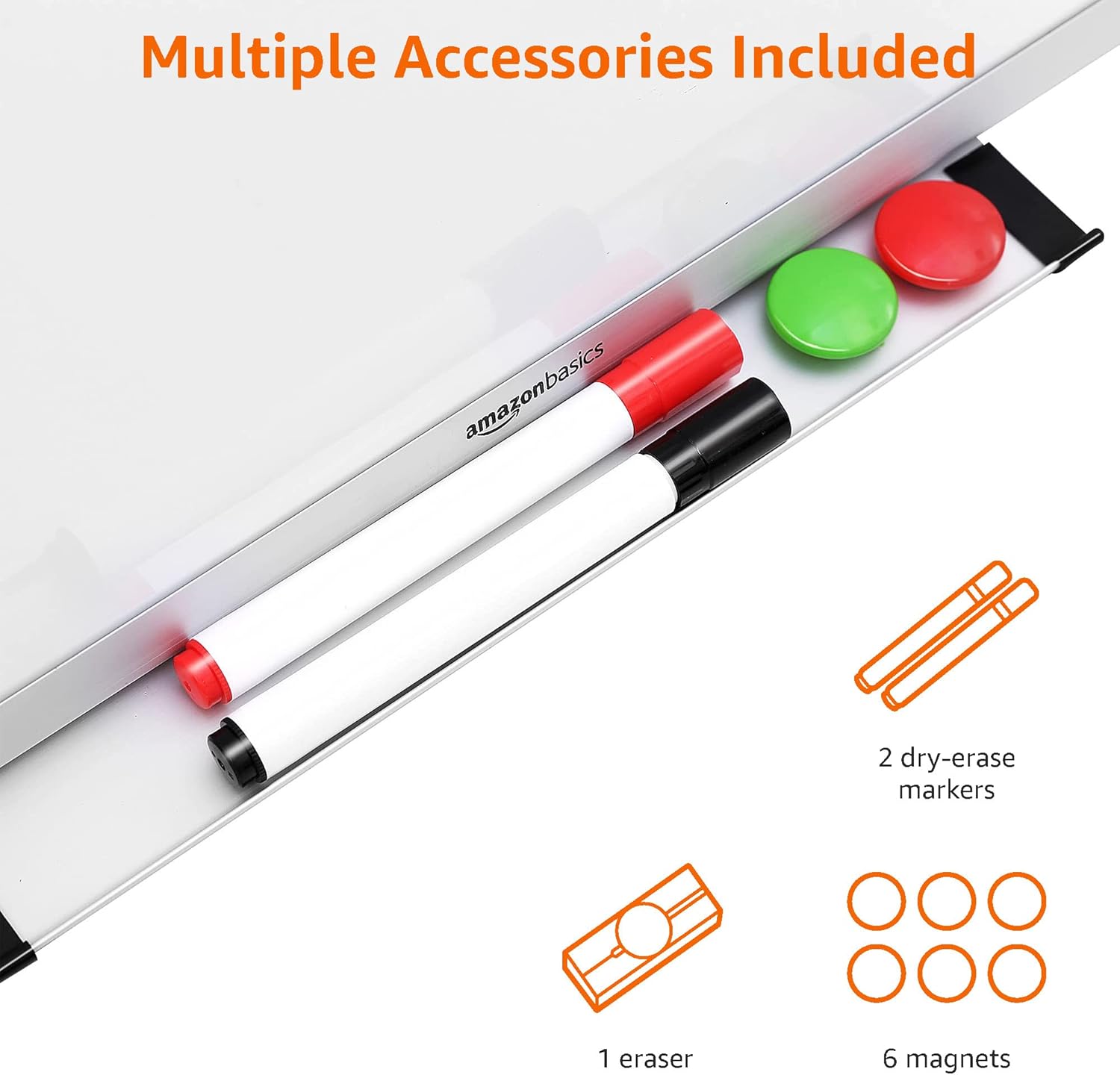 Imagen de Amazon Basics pizarra magnética blanca con bandeja para rotuladores, borrado en seco, marco de aluminio, tablón de anuncios magnético, montaje en pared; para hogar, oficina y escuela, 150 x 100cm