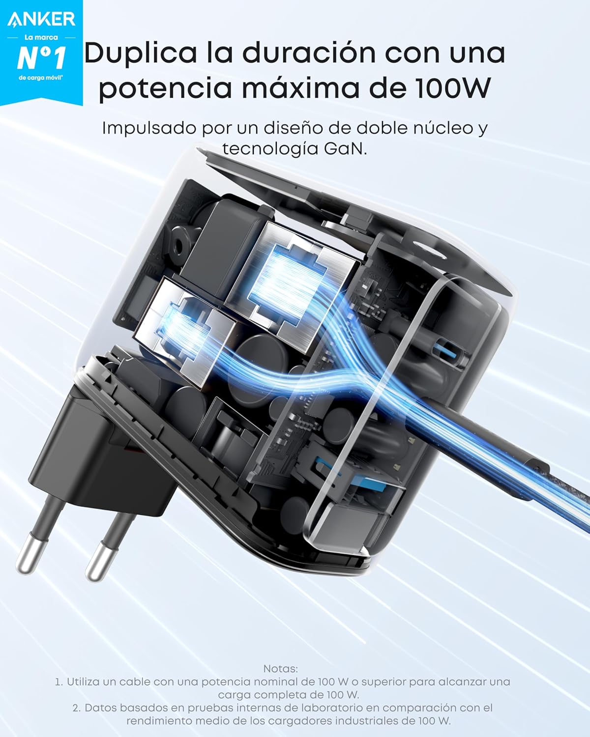 Imagen de Anker Cargador USB C 100 W, Cargador de Pared GAN Compacto de 3 Puertos, Pantalla Inteligente, Control por Toque, Compatible con MacBook, iPad, Series iPhone 17/16/15