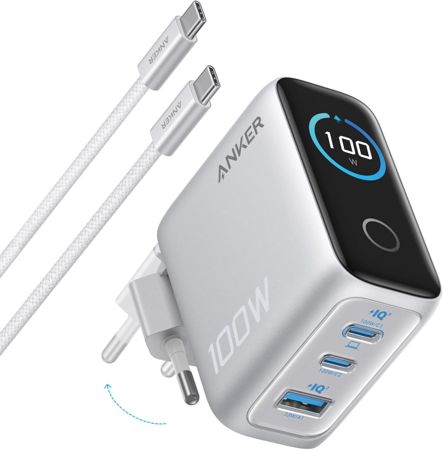 Imagen de Anker Cargador USB C 100 W, Cargador de Pared GAN Compacto de 3 Puertos, Pantalla Inteligente, Control por Toque, Compatible con MacBook, iPad, Series iPhone 17/16/15
