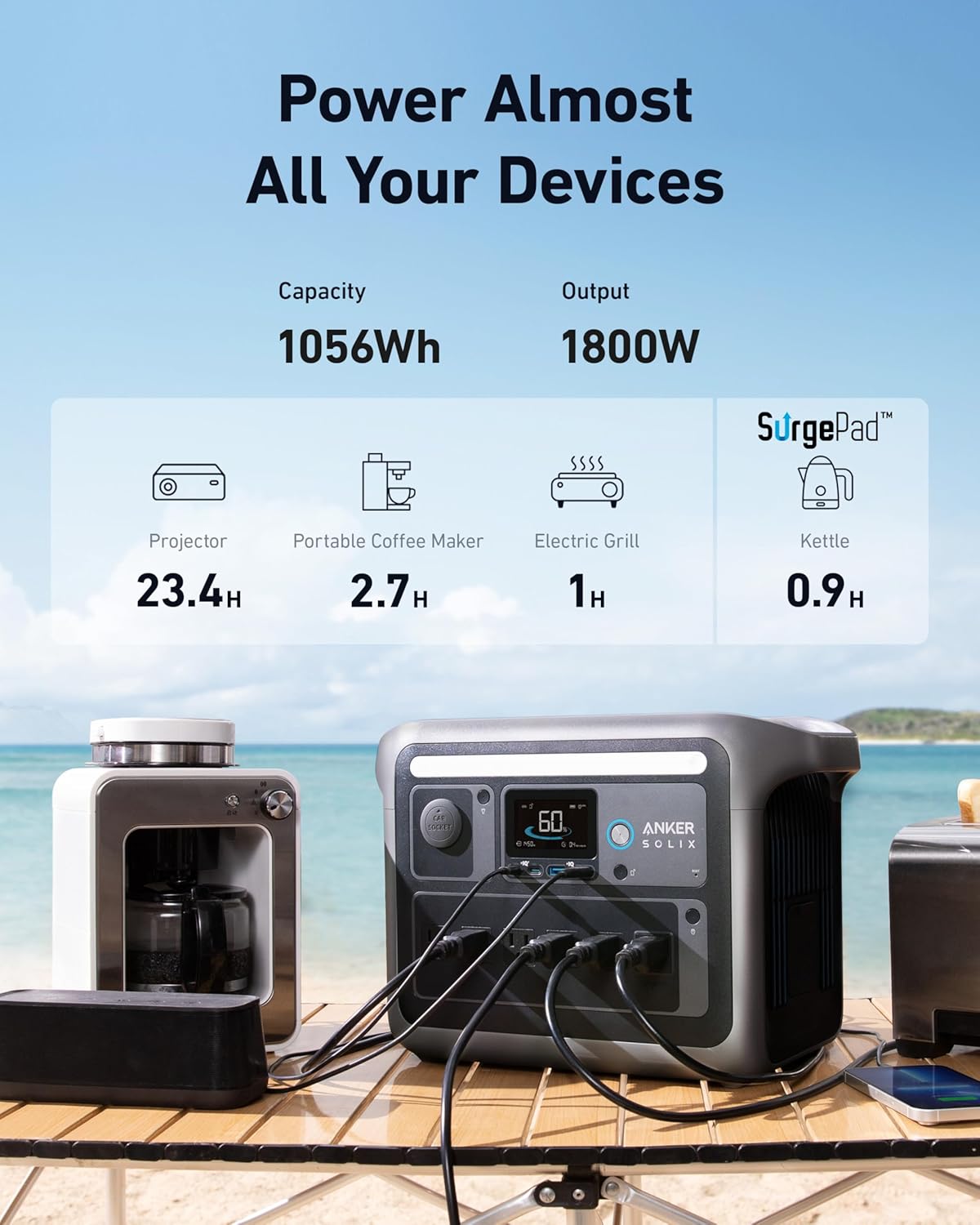 Imagen de Anker SOLIX C1000 - Estación de energía portátil con panel solar de 100 W, generador solar de 1800 W, batería LFP (LiFePO4), 4 salidas de CA, hasta 2400 W para el hogar, cortes de energía y camping al