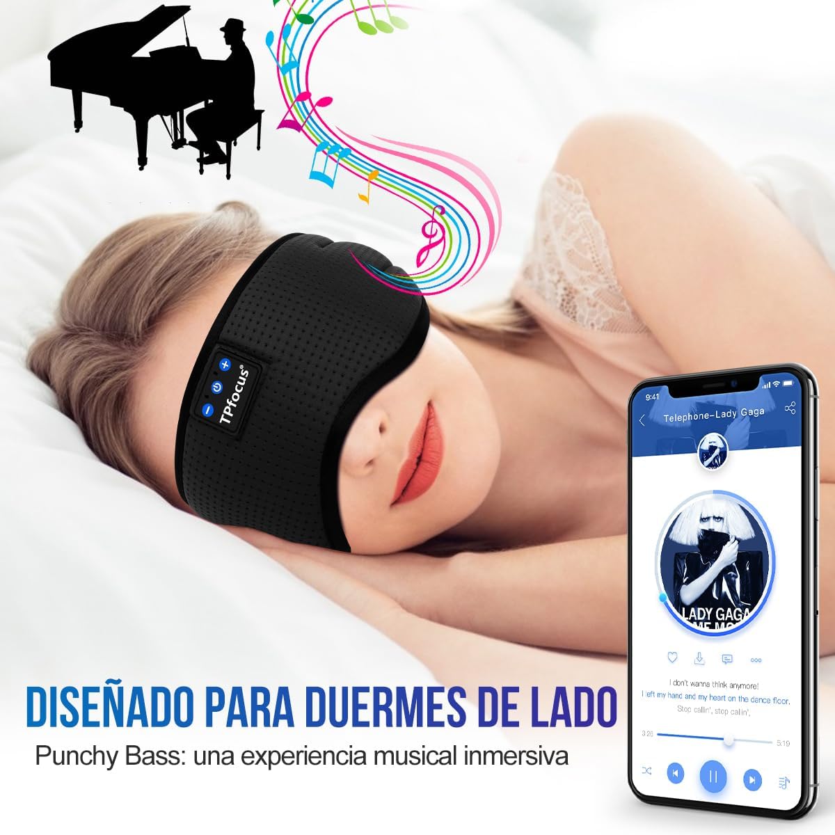 Imagen de Antifaz para Dormir Auriculares Bluetooth Diadema, Antifaces para Dormir Verano de Lado Antifaz Seda para Oficina, Viajes Aéreos, ASMR,Gadgets Tecnológicos Geniales, (Negro)