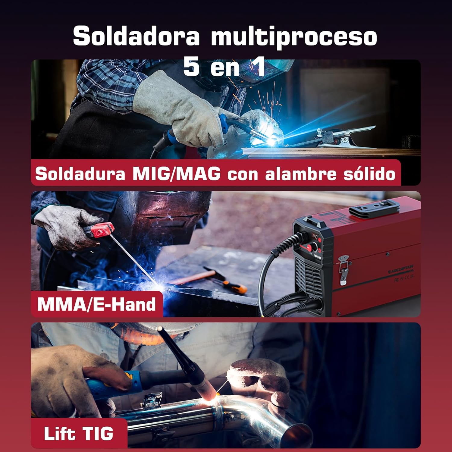 Imagen de ARCCAPTAIN Maquina de Soldar Hilo con 140A, 4 en 1 Soldador de Hilo Sin Gas MIG para FLUX alambre tubular/Gas MIG/MMA E-Hand/LIFT TIG, Soldador Inverter IGBT de 230V