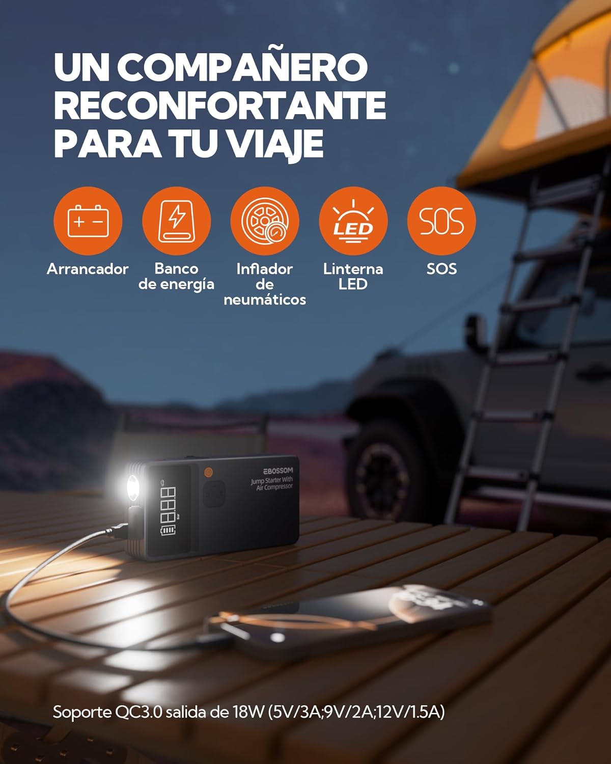 Imagen de Arrancador de Baterías de Coche,Booster para Coche con Compresor de Aire Portátil 7en1,Arranque de Batería con Inflador para vehículo de 12000 mAh,Kit de Emergencia del Conductor con Linterna LED
