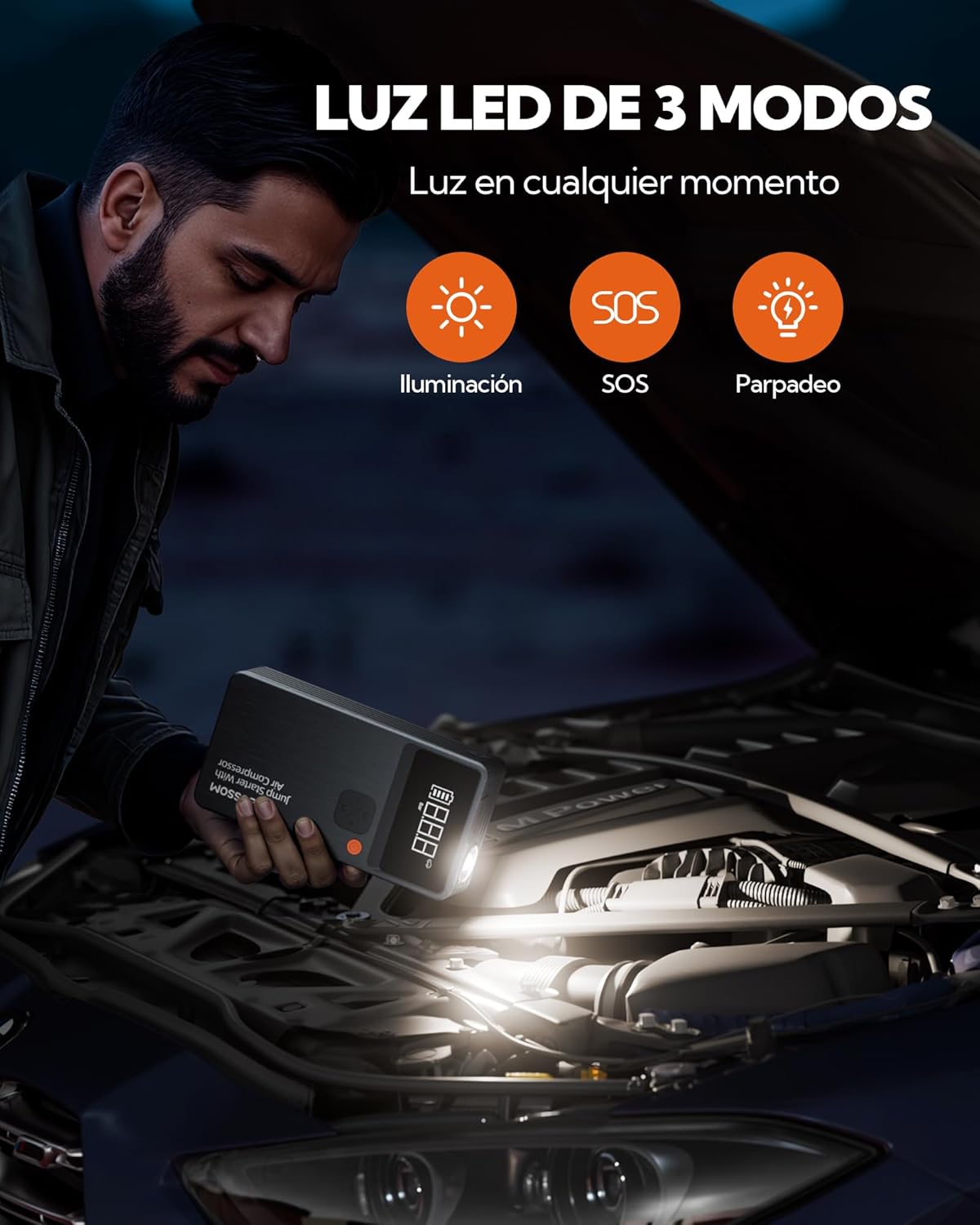 Imagen de Arrancador de Baterías de Coche,Booster para Coche con Compresor de Aire Portátil 7en1,Arranque de Batería con Inflador para vehículo de 12000 mAh,Kit de Emergencia del Conductor con Linterna LED