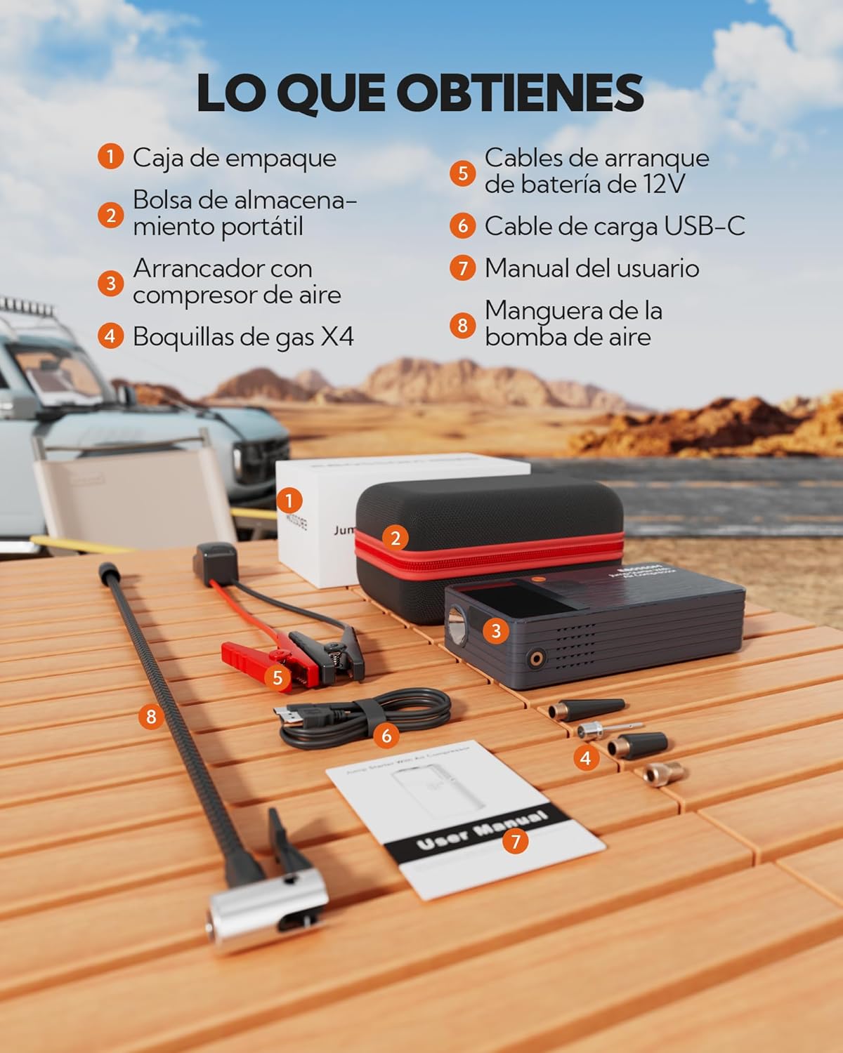 Imagen de Arrancador de Baterías de Coche,Booster para Coche con Compresor de Aire Portátil 7en1,Arranque de Batería con Inflador para vehículo de 12000 mAh,Kit de Emergencia del Conductor con Linterna LED