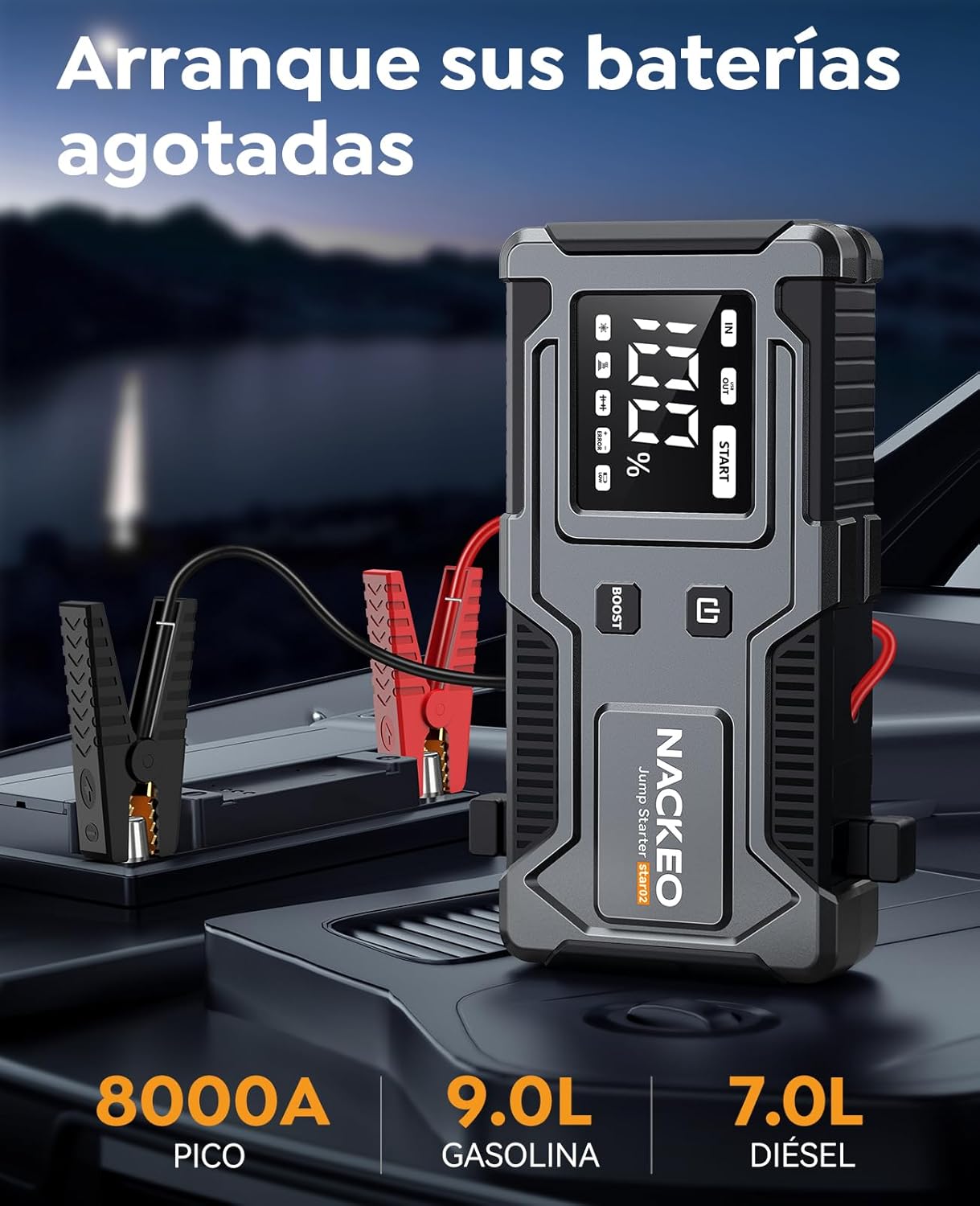 Imagen de Arrancador de Coches 8000A, Arrancador de Baterías de Coches 12V (para 9.0L de Gasolina o 7.0L de Diésel) Jump Starter con Cables Integrados, Linterna LED de Emergencia, Espera Larga, Carga Rápida
