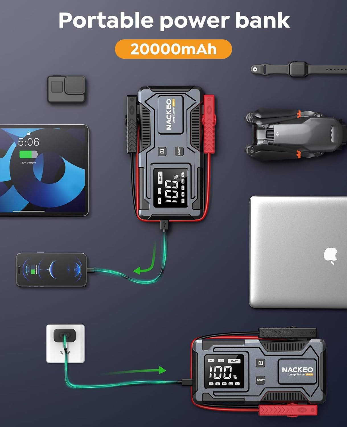 Imagen de Arrancador de Coches 8000A, Arrancador de Baterías de Coches 12V (para 9.0L de Gasolina o 7.0L de Diésel) Jump Starter con Cables Integrados, Linterna LED de Emergencia, Espera Larga, Carga Rápida