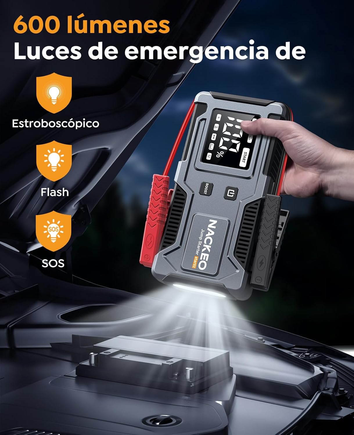 Imagen de Arrancador de Coches 8000A, Arrancador de Baterías de Coches 12V (para 9.0L de Gasolina o 7.0L de Diésel) Jump Starter con Cables Integrados, Linterna LED de Emergencia, Espera Larga, Carga Rápida