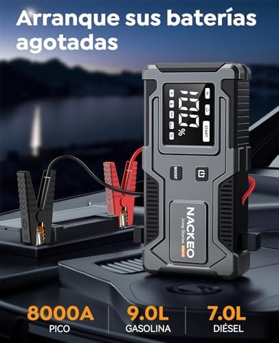 Imagen de Arrancador de Coches 8000A, Arrancador de Baterías de Coches 12V (para 9.0L de Gasolina o 7.0L de Diésel) Jump Starter con Cables Integrados, Linterna LED de Emergencia, Espera Larga, Carga Rápida