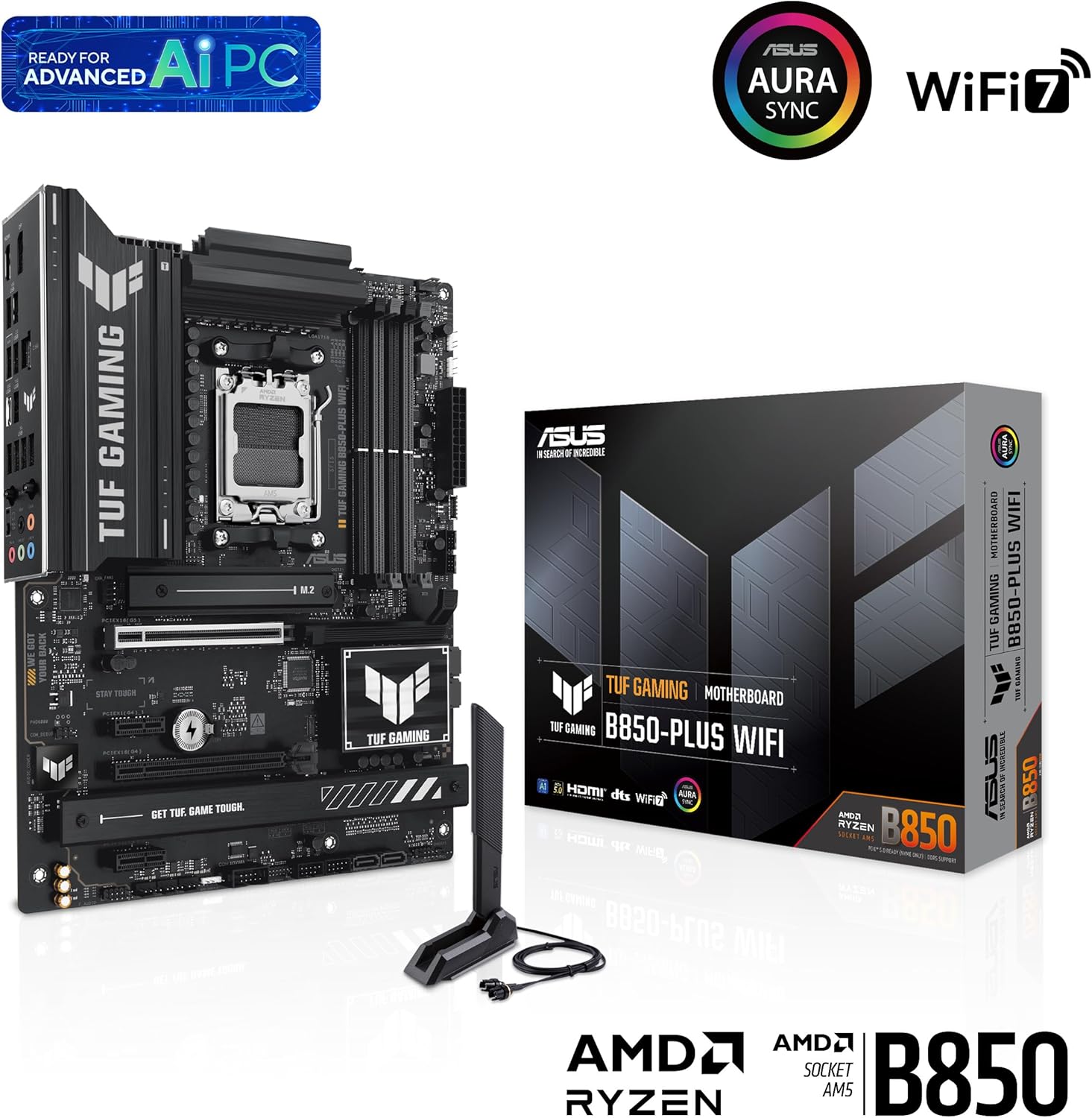 Imagen de ASUS TUF GAMING B850-PLUS WIFI - Placa base AMD ATX, 14+2+1 etapas de potencia DrMOS 80A, DDR5, PCIe 5.0, 3 ranuras M.2, WiFi 7, Realtek 2.5Gb Ethernet, DisplayPort, HDMI, USB 20Gbps Tipo-C, Aura Sync