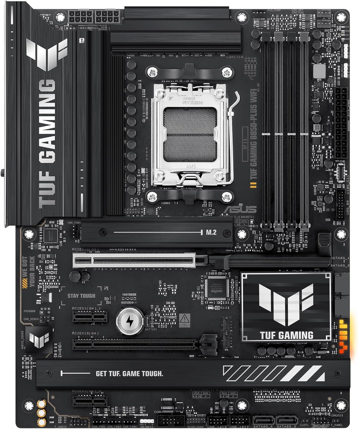 Imagen de ASUS TUF GAMING B850-PLUS WIFI - Placa base AMD ATX, 14+2+1 etapas de potencia DrMOS 80A, DDR5, PCIe 5.0, 3 ranuras M.2, WiFi 7, Realtek 2.5Gb Ethernet, DisplayPort, HDMI, USB 20Gbps Tipo-C, Aura Sync