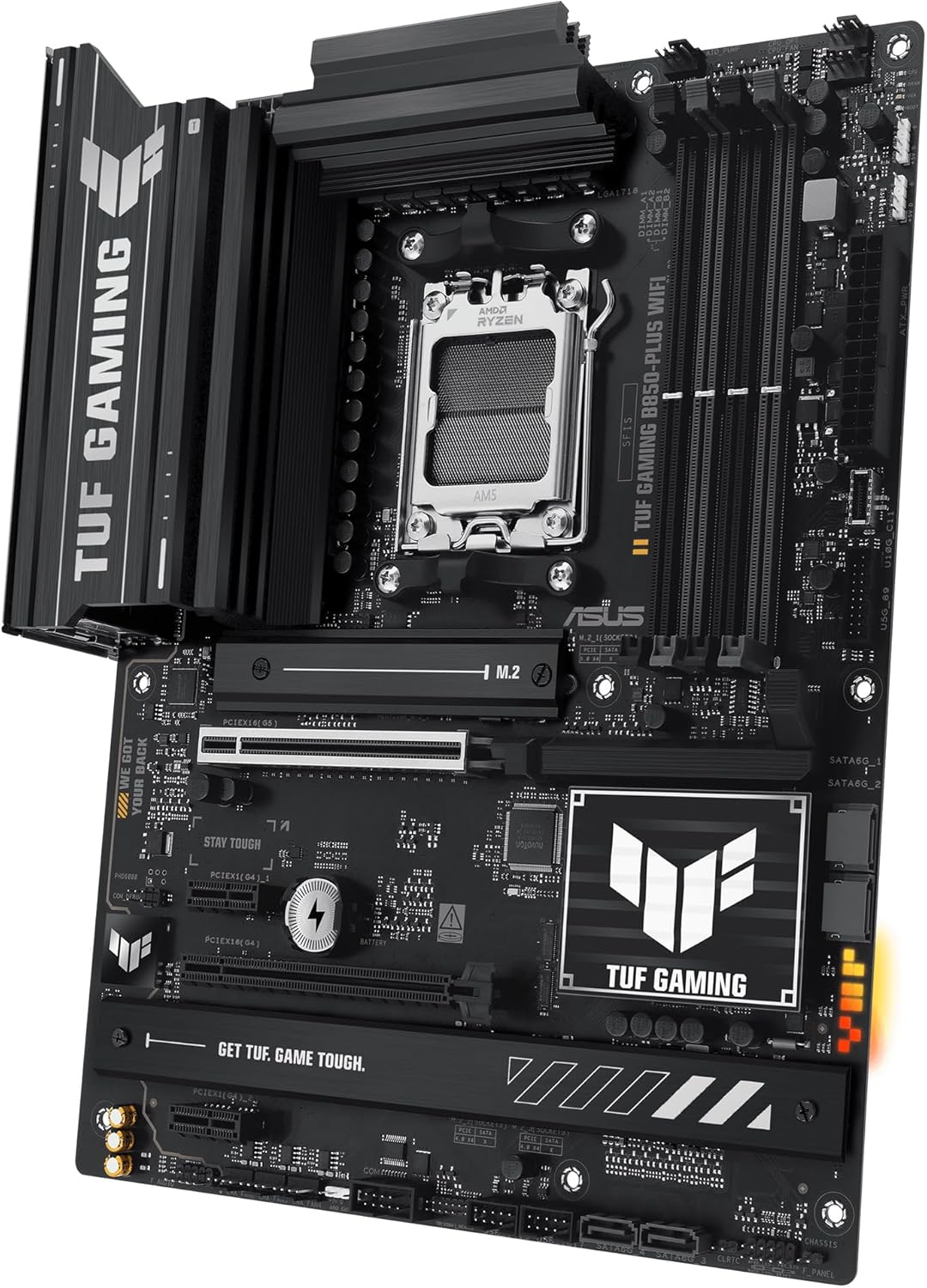 Imagen de ASUS TUF GAMING B850-PLUS WIFI - Placa base AMD ATX, 14+2+1 etapas de potencia DrMOS 80A, DDR5, PCIe 5.0, 3 ranuras M.2, WiFi 7, Realtek 2.5Gb Ethernet, DisplayPort, HDMI, USB 20Gbps Tipo-C, Aura Sync
