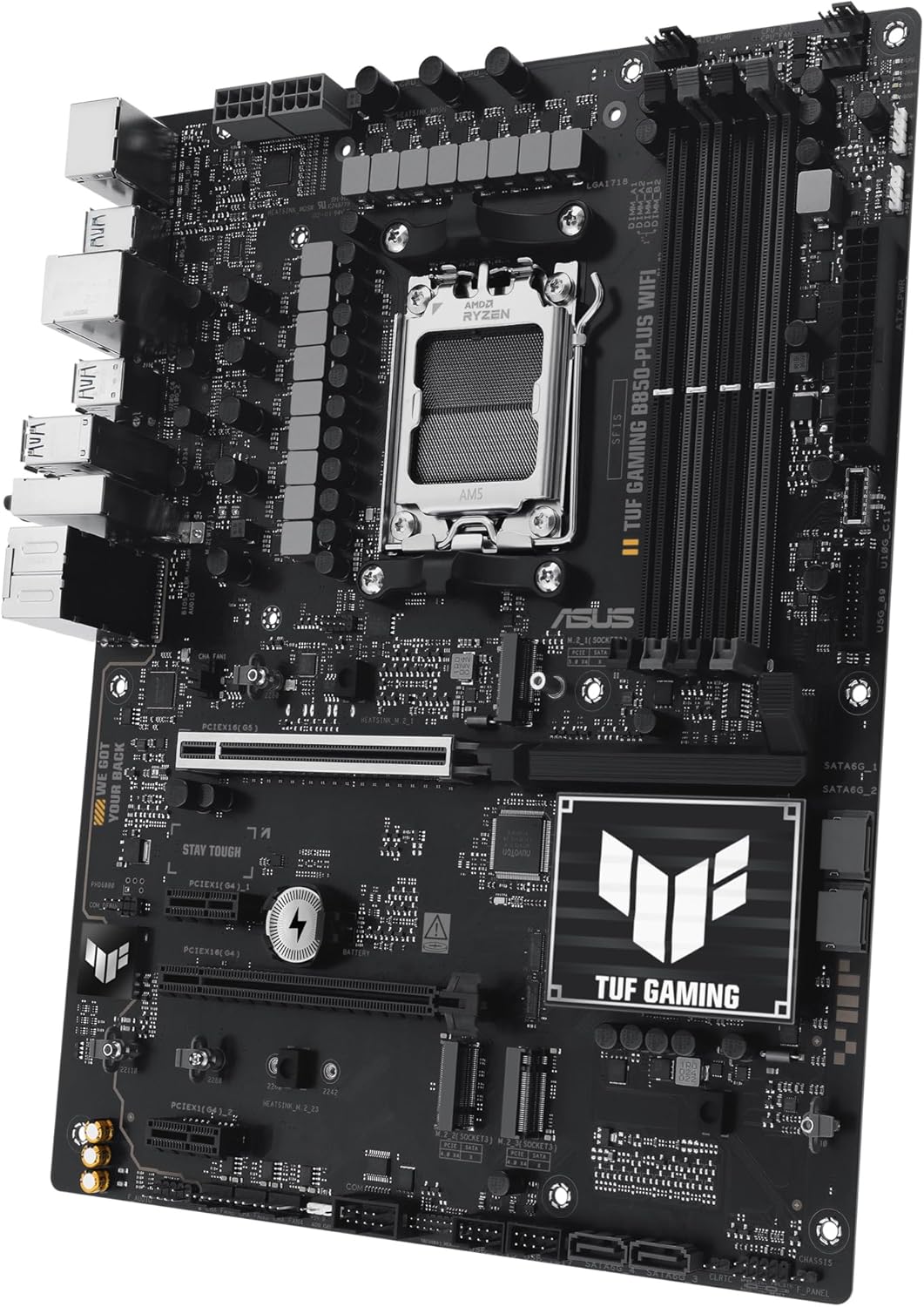 Imagen de ASUS TUF GAMING B850-PLUS WIFI - Placa base AMD ATX, 14+2+1 etapas de potencia DrMOS 80A, DDR5, PCIe 5.0, 3 ranuras M.2, WiFi 7, Realtek 2.5Gb Ethernet, DisplayPort, HDMI, USB 20Gbps Tipo-C, Aura Sync