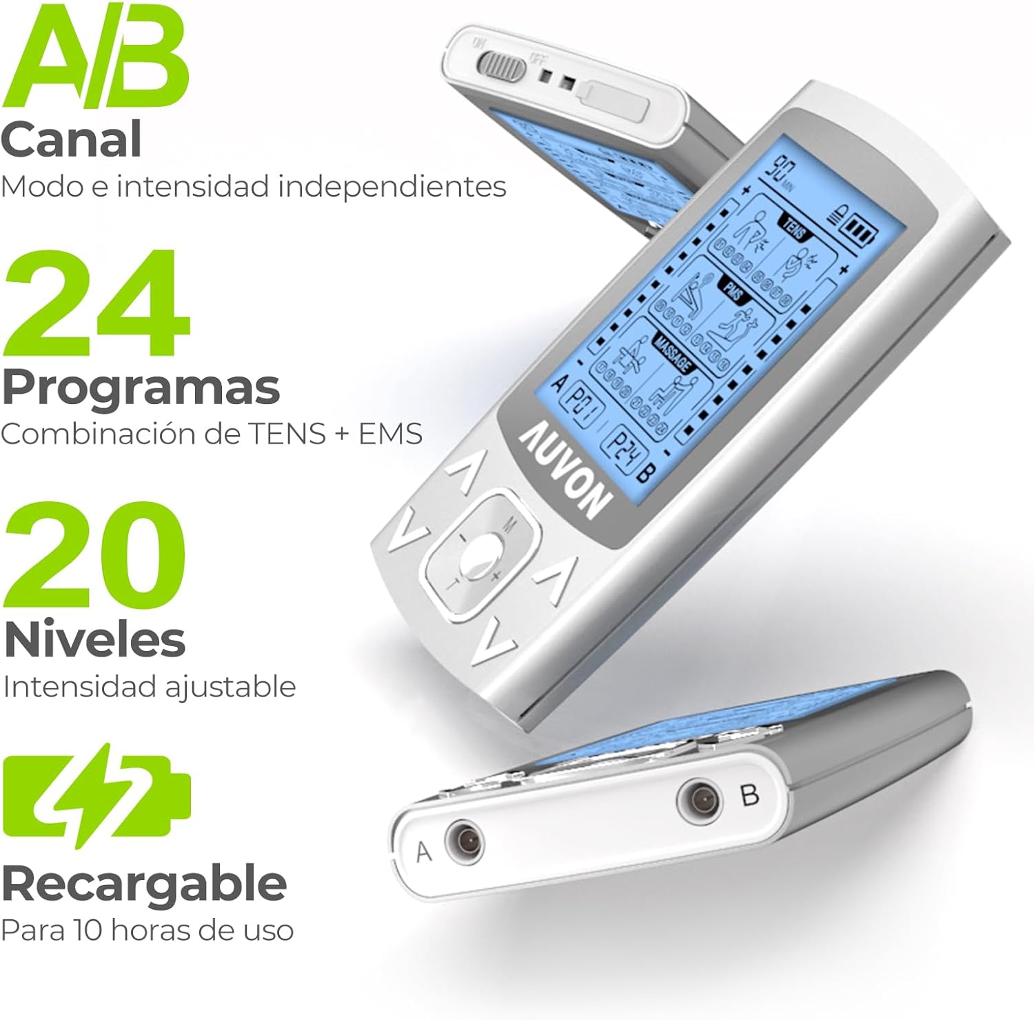 Imagen de AUVON 3-en-1 Electroestimulador muscular de 24 modos, con función TENS, EMS y masaje, para aliviar el dolor muscular y fortalecer los músculos, 2 Canales, 12pcs 2"x2" Electrodos con diseño patentado