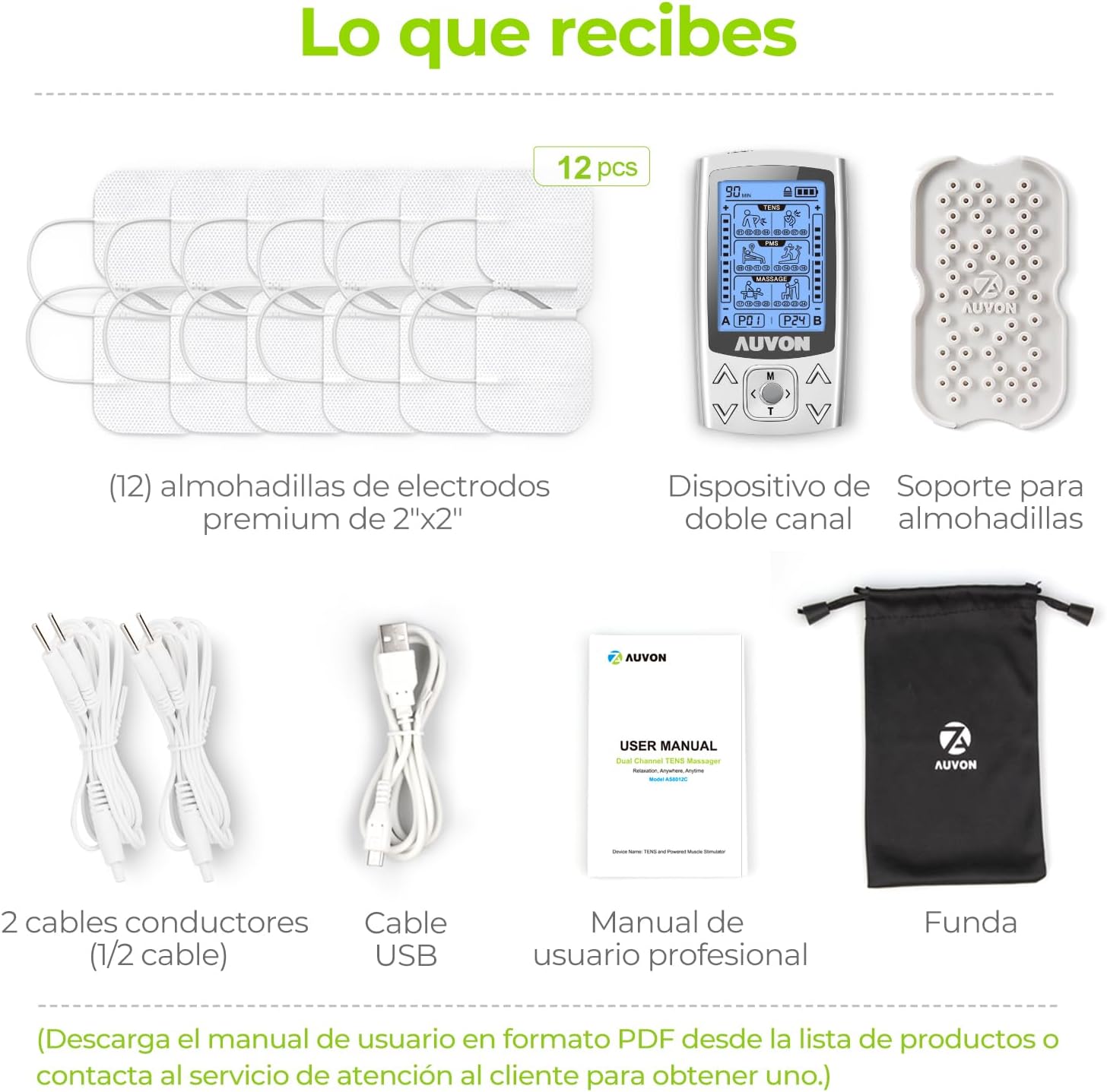 Imagen de AUVON 3-en-1 Electroestimulador muscular de 24 modos, con función TENS, EMS y masaje, para aliviar el dolor muscular y fortalecer los músculos, 2 Canales, 12pcs 2"x2" Electrodos con diseño patentado