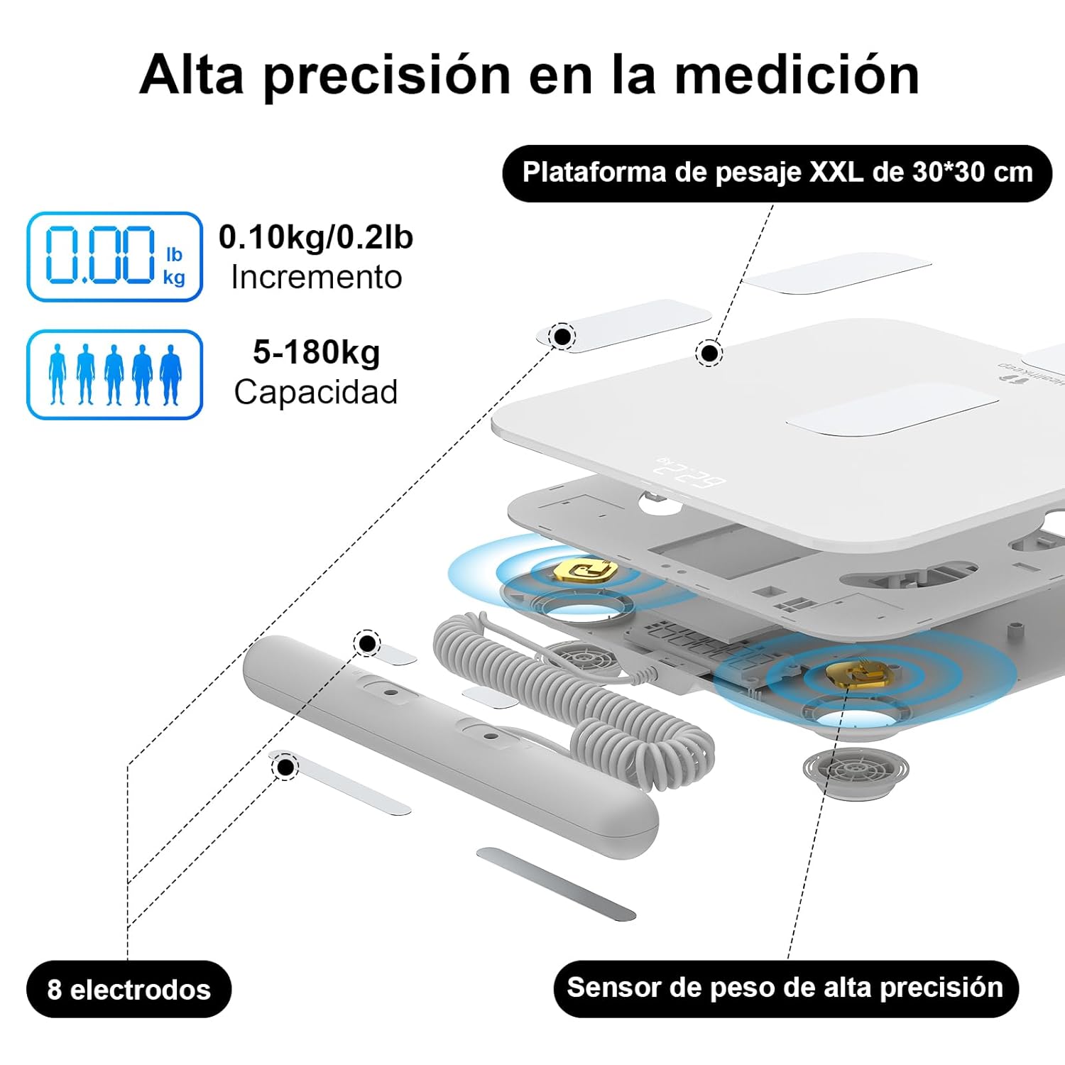 Imagen de Báscula Inteligente de Baño con 8 Electrodos, Báscula de Precisión Bioimpedancia, Básculas Digitales Baño, 18 Mediciones Esenciales, para Andriod y iOS
